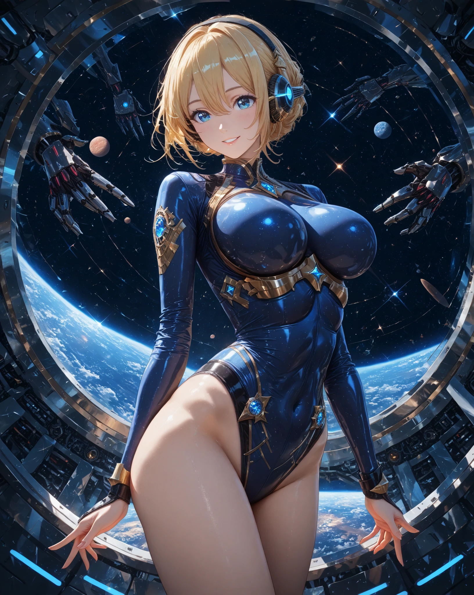 (((masterpiece))), (((best quality))), ((ultra-detailed)), (illustration), ((an extremely delicate and beautiful)), ((super detail)), ((high resolution)), (((20 years old))), ((metallic cloth)), (cheerleader), (super heroine), (android), delicate metal decorations, gleaming skin, shiny body, two legs, breast focus, (((tall))), slender legs, ((big round eyes)), cute eyes, drooping eyes, ((adult)), two hands, five fingers, no extra hands, elegant smile, braid, ((metallic blue)), (see-through), (dark blonde), (((ultra-huge breasts))), (shining brightly), outdoor, mini skirt, daytime, ((biopunk)), (hair shorter than shoulder), (medium length hair), gynoid, (slimy shining competition swimsuit), city, ((midriff-baring outfit)),