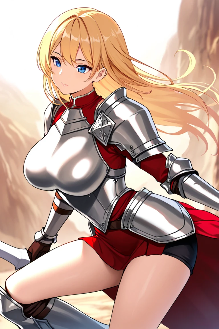 #Basics A girl is posing for a photo, (((One Girl))), (((Baby Face:1.4)) + ((cute:1.4)) + ((15 years old))), 
break 

#Clothing Accessories 
((Red Armor) : (female knight) + (Samurai Girl) + (breastplate) + (Gauntlet) + (Shoulder rest) + (Black Cape) + (Full Plate Armor) + (Dress Armor) + (Traditional Western Armor)), 
(Gold hoop earrings), 
break 

#Features 
((Blonde:1.2)) + ((Very long side bangs)) + ((short hair) : Long Hair + Curly hair + Voluminous Hair), 
((Droopy eyes:1.4, Big eyes:1.3), blue eyes), (Small breasts), (Neutral facial features), 
break 

#background environment 
((noon, The wilderness of a fantasy world, blue sky)), 
#Facial Expression Pose
((Wicked Smile)), ((Standing pose with hands lightly clenched, radiating strength)), 
#composition 
((To the camera), (Angle from the front), (Character Focus), (Cowboy Shot)), 
break 

#Body parts elements 
(Slim figure), 
(Symmetrical facial features), 
(Detailed Hair, Beautiful Hair, Shiny Hair), 
(double eyelid, Long eyelashes, Thin eyebrows:0.5, Thin eyebrows:0.5), 
(Expression of fine eyes, Beautiful and delicate eyes, Sparkling eyes, Eye Reflexes, Glitter Eyeliner), 
(Human Ear), 
(Beautiful Nose, Thin Nose), 
(Glossy Lips, Beautiful Lips, Thick lips), 
(Detailed skin, Textured skin, Beautiful Skin, Oily skin), 
break 

#quality 
(((最高quality)), ((masterpiece:1.3)), ((Very detailed))), ((Ultra-high resolution)), ((16K)), ((1080P)), ((Full HD)), 
((Anatomically correct)), ((Realistic)), (3DCG), ((Oil painting)), 
((comics, anime)), (CG illustration), (RAW Photos), 
