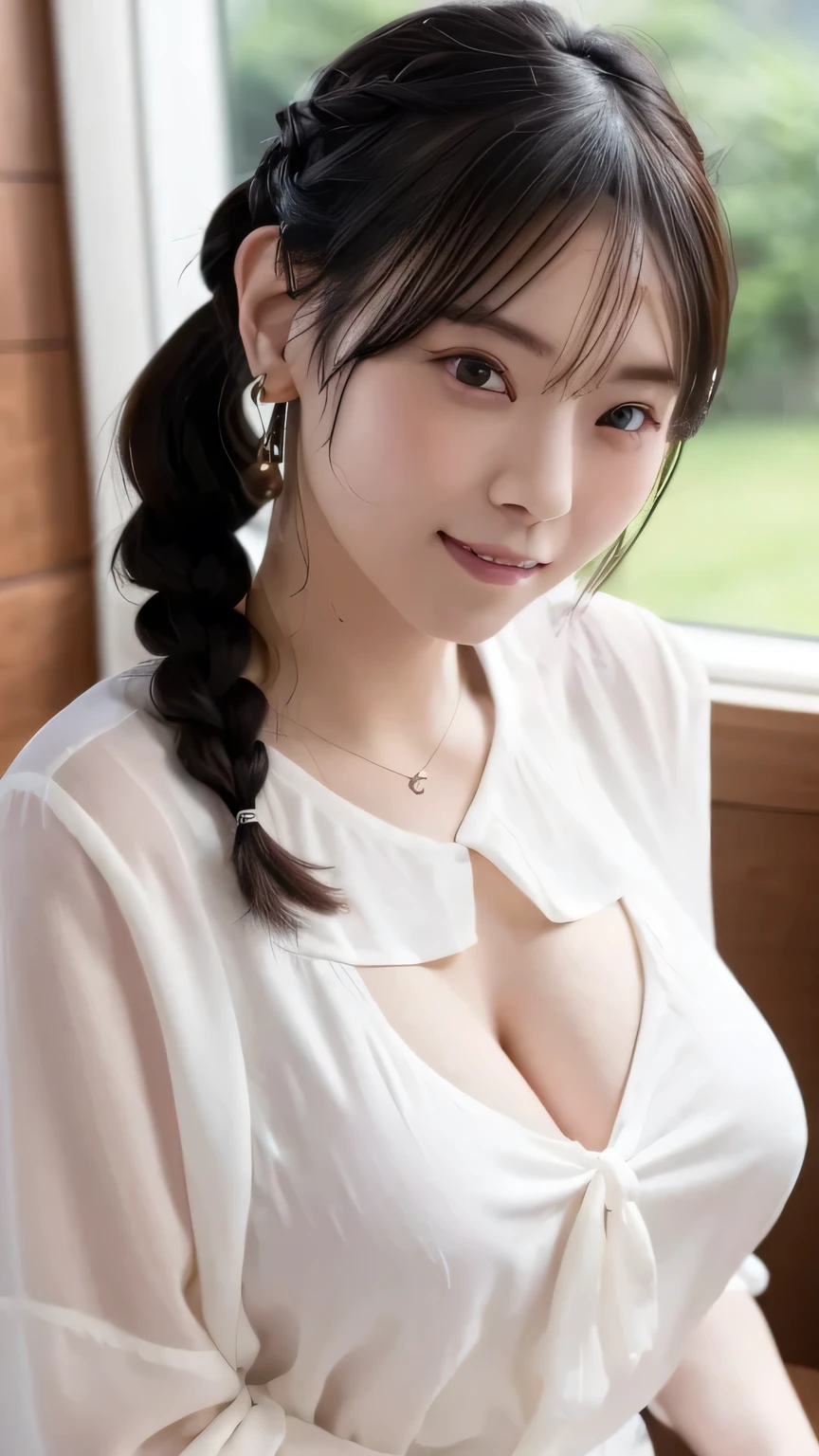 best quality, detailed, beautiful, insanely detailed, absurdres,perfect anatomy,
Japanese woman,black hair,27 years old,
(slender),
(small breasts best quality),happy, laughing, sitting, low twintails,(lace bra:1.1), (wearing a gray loose t-shirt),(cleavage:1.5), (downblouse:1.6), half body photo, from above