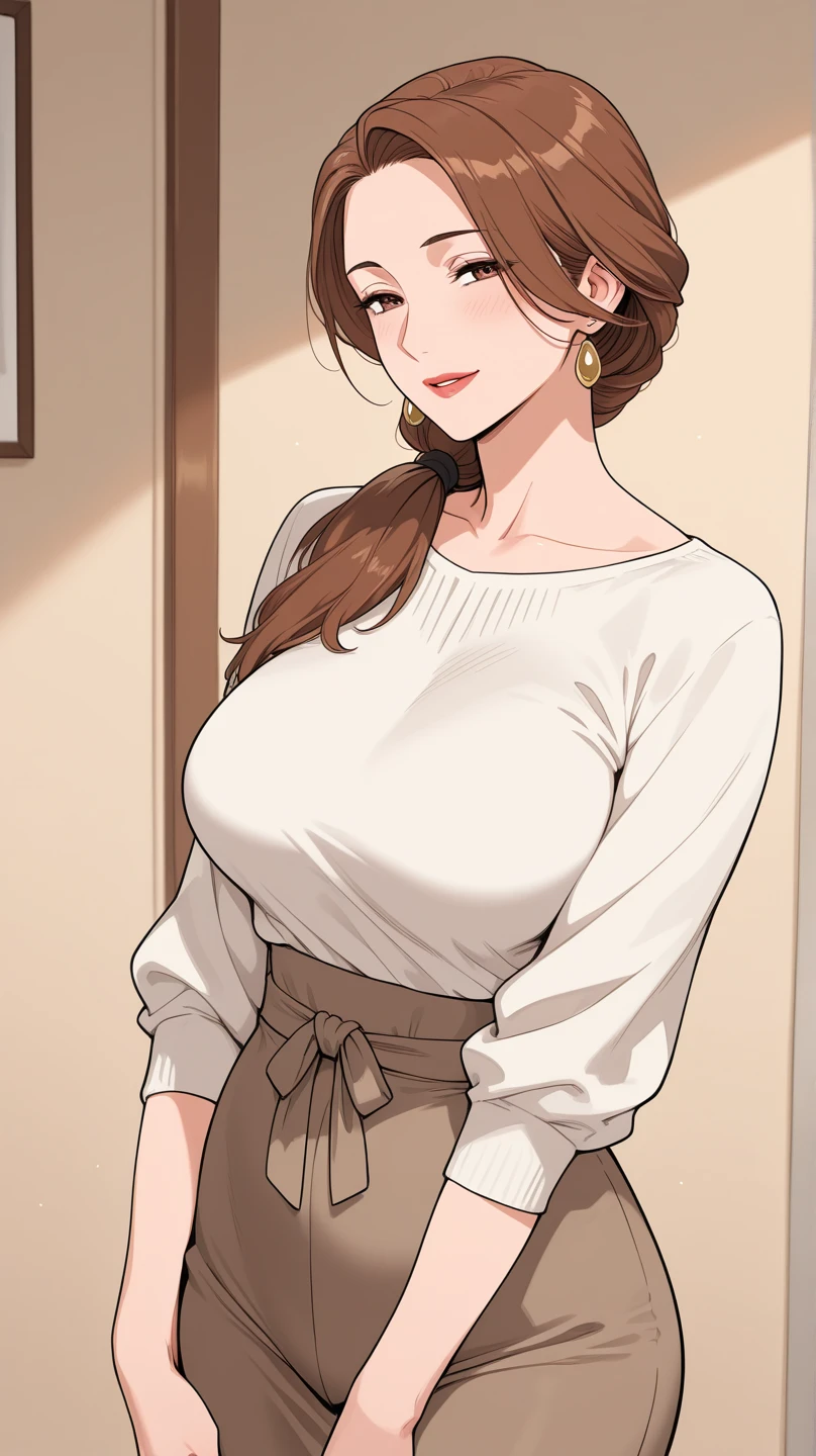 masterpiece,best quality,highres,photorealistic,absurdres,mature female,sagging breasts,<lora:Aizi:0.6>,brown_hair,brown_eyes,blush,mole_under_eye,skirt,ponytail,bare_shoulders,cleavage,full body,