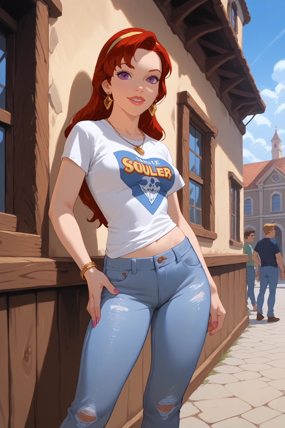 extremely beautiful model, 20 years old female, skandinavian, long bright orange hair, realistic, perky breasts, cleavage, crop top, ripped jeans, Midriff, Wide Smile, Eyes Detailed & Wide, Dynamic Pose. Hoop earing, arm bangles, headband scarf, Ultra HD, Rococo-Inspired Fantasy Art With Intricate Details. Cute, red lips, long lashes,Charming Expression, Alluring-Gaze, looking at viewer, Beautiful Eyes, An-Ideal-Figure. Large Youthful Well-Shaped-Breasts, Attractive ass showcased. Massive-Round-Bosom, Décolletage. Anna Popplewell