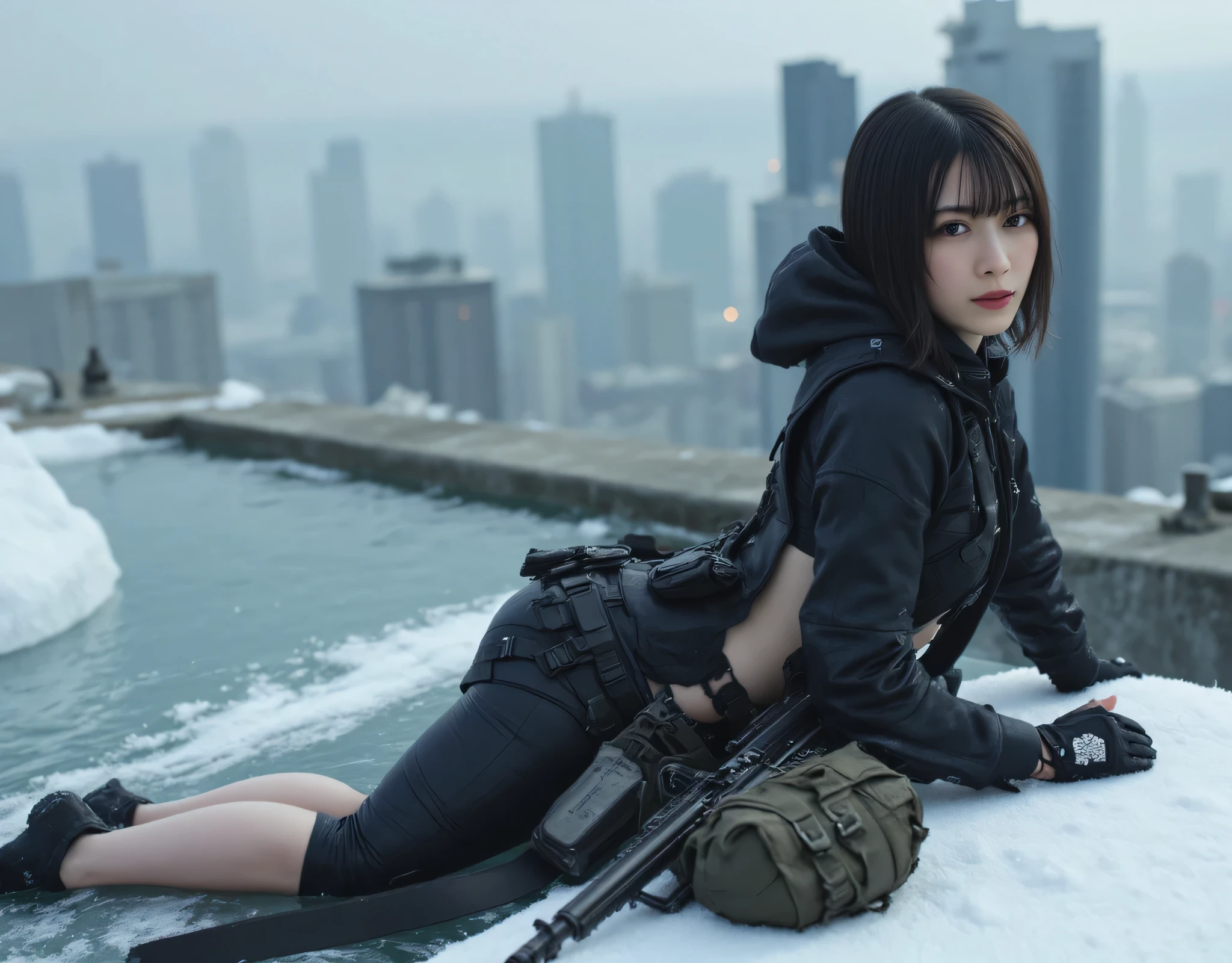 (((Rooftop of a futuristic city:2.0))),((( HR Gigger style cyberpunk atmosphere :2.0))),((( floats on a snowy field and sleeps facedown:2.0))),side view,Side pose,((looks back and look at the camera:2.0)),(( looking back over my shoulder :2.0)),Rear View,(( sniper rifle around your waist:2.0)),One Woman,(cute face),(Beautiful well-balanced face ),((long hair with bangs:2.0)),( black hair:1.5),(beautiful eyes:1.3),glamorous shot of a 20-year-old Japanese woman, Slender Beautiful Body ,((model body type:2.0)),(( slim body with hot water:1.7)),perfect body line,ideal proportions,(bigger breasts in bikinis:2.0),Bare thighs,fleshy thighs due to weight,delicate body,(Glutinous Flesh:1.5),harmonious posture,((Beautiful ass:2.0)),((cute ass:2.0)), ((((Bare ass :2.0)))),((( T-back :2.0))),(Realistic breast depiction :1.5),carefully depicts limbs based on perfect anatomy,((futuristic SWAT-style black super high-leg leotard:2.0)),((fitted camy-style latex super high-leg leotard:1.5)),((black military jacket with an open front over a leotard:2.5)),(ear monitor:1.5),((Tactical Holster:1.5)),(gloves:1.3),concept art,(top quality:1.5),(masterpiece:1.5),(Ultra-high resolution),resolution,UHD,(Delicate Description), carefully drawn with butterfly wings ,32K,((realistic skin texture:1.5)),(((ultra realistic:1.5))),carefully draw eyelashes,Highly Detailed Faces,Highly detailed female hand,very sensual,(Blurry Dim Backgrounds :1.5),professional photo shoot,(movie light:2.0),((Blade Runner-style lighting:2.0))
