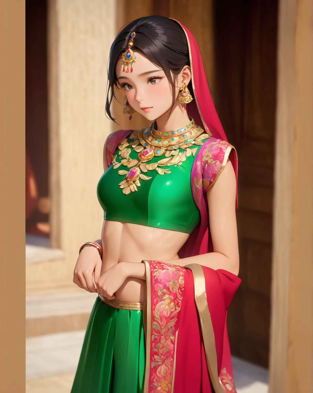 russian beautiful girl in red and light green saree, blouse, mat saree small cleavage line, medium breast, beautiful blue eyes, medium
