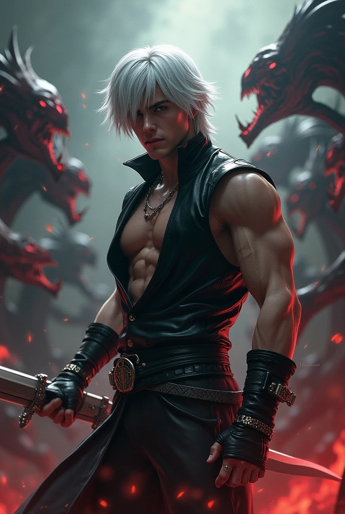 Close-up of a person wearing a leather jacket holding a knife, Fils de Sparda, Seigneur vampire, Male vampire of the Banu Haqim clan, Beautiful male god of death, Thancred Waters dans le style de WLOP, Alucard, Male vampire, par Yang J, En tant que personnage dans Tekken, Vampire du clan Lasombra, Demonic sanctuary, flamme rouge, feu de l'enfer, puissant De NCSOFT
