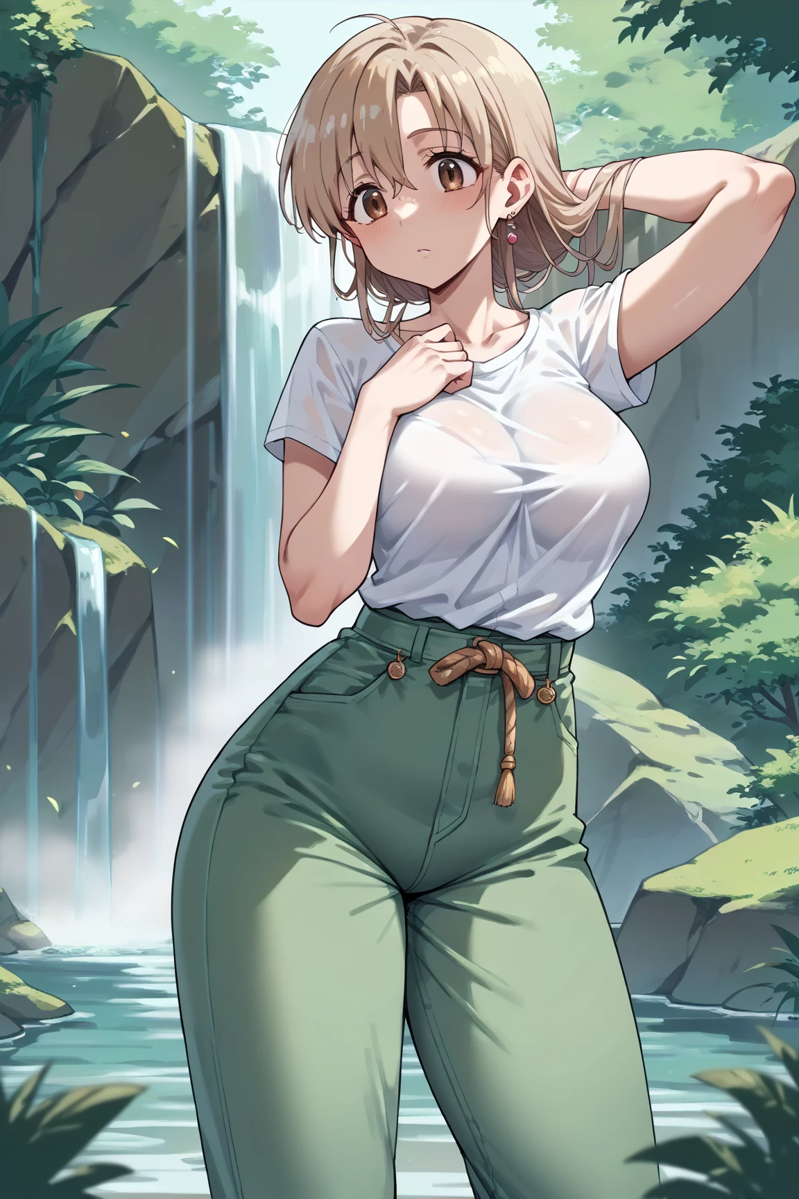 cowboy shot,1 female,The perfect 25 years old,((ideal ratio body proportions,small head:1.7)),tan skin,((high quality anime, 8k,masterpiece,Perfect Anatomy)),(beautiful detailed face and eyes,gorgeous eye:1.3,Almond Eyes),brown eyes, BREAK ,(silver hair),Straight long hair,bangs, BREAK ,blush,sad,medium breasts,slender body,skinny,wet, BREAK ,(Raindrops、beige mini skirt,A plain off-white cotton shirt、navel)、Simple leather boots、 BREAK ,Walking along mountain paths、Lush trees、heavy rain、raasy World、