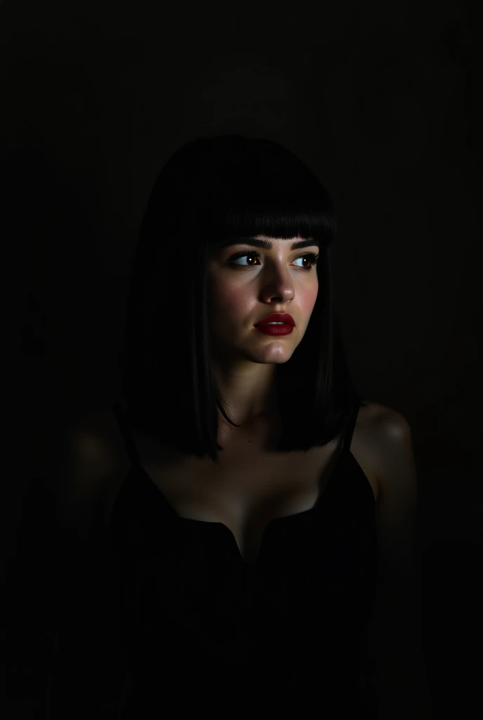 An Arab woman, She is 23 years old, She wears a floor-length black fleece dress, that perfectly accentuates your figure. The fabric is made of fleece and gives it an almost majestic appearance. Her hair as a strict bob, and she wears bright red lipstick, which emphasizes her big full lips. Her eyes are dark She sits in an armchair in the corner of a hotel room and waits impatiently and with an evil look evening, light light