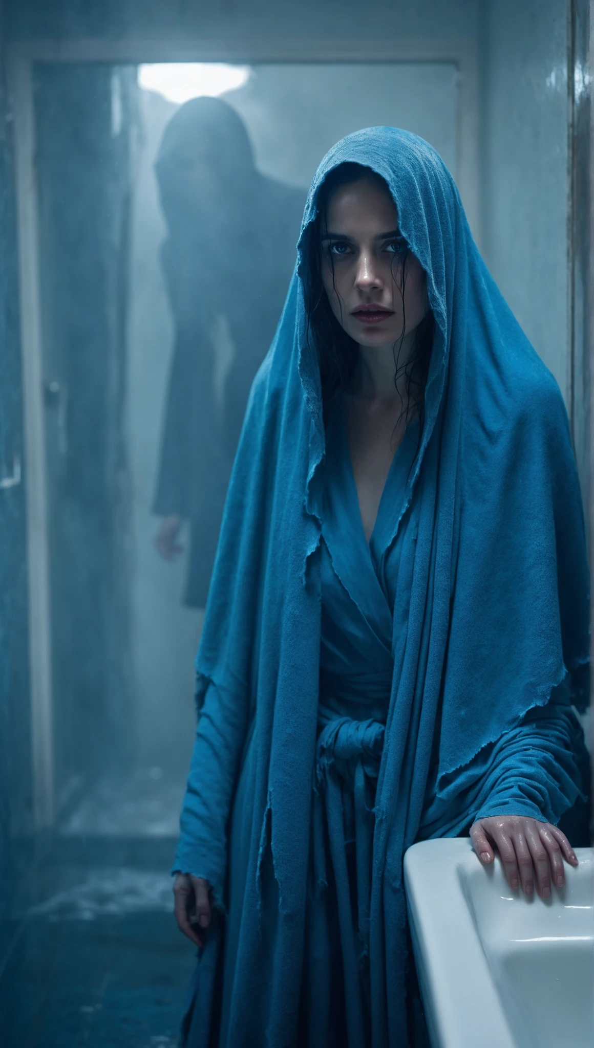A claustrophobic, steam-filled bathroom in a small bungalow, captured in photorealistic detail with a cinematic atmosphere. The air is thick with lingering heat and moisture, the walls slick with condensation, reflecting faint glimmers of light. A 43-year-old woman stands before a fogged 3-by-5-foot mirror above a sink, her damp skin glistening, wet hair plastered to her shoulders, rivulets of water tracing her bare spine. A discarded towel pools at her feet. The mirror is streaked with a single 5-inch diagonal swipe through the fog, revealing not her reflection, but the Grim Reaper’s decayed, gaunt skull—rotten and framed by a tattered hood, its hollow eyes glowing with a sickly, menacing light. The bony hands clutch a rusted scythe, its cruel blade cutting into the frame. Blue electricity crackles across her skin, illuminating the steam in flickering bursts of cold light, casting eerie shadows. Her expression is unflinching, resolute, as she stares into the Reaper’s visage—a haunting, surreal moment frozen in time. Ultra-detailed textures, dramatic lighting, and a moody, oppressive ambiance dominate the scene.
Settings Suggestions:
- Style: Photorealistic, Cinematic
- Lighting: Dramatic, low-key with blue electric highlights
- Mood: Tense, surreal, haunting
- Detail Level: Ultra-high