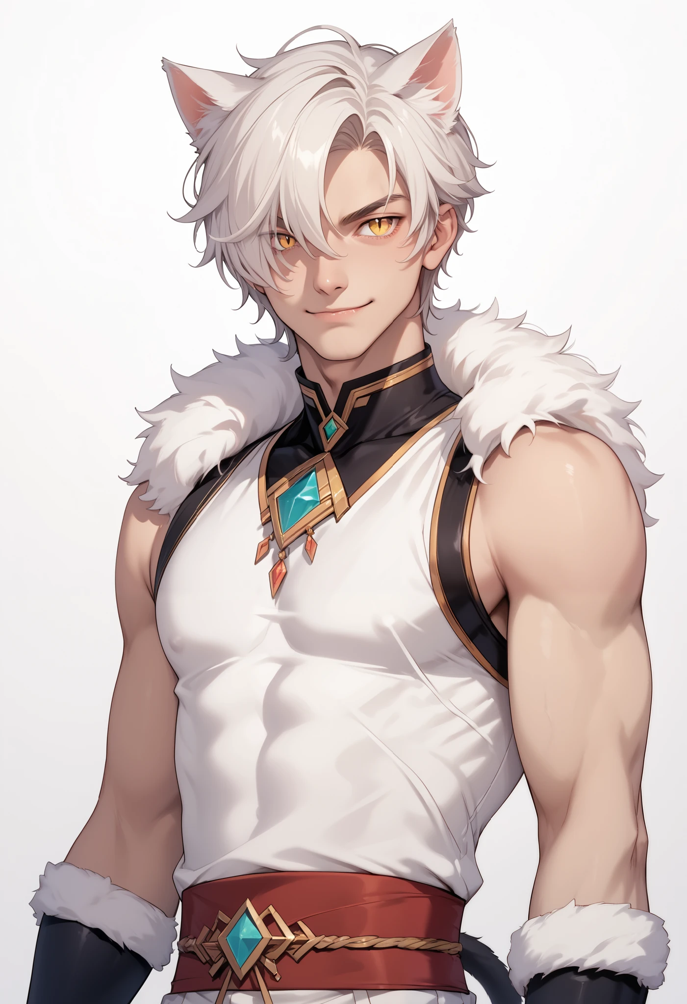 score_9, score_8_up, score_7_up, source_anime, 1boy, male focus, solo, cat tail, cowboy shot, visual novel, front view, simple background, yellow eye, Slit-Pupils, white cat ears, white cat tail, white hair, short hair, hair over one eye, shirt, white shirt, sleeveless shirt, compression shirt, fur-trimmed_shawl, fur-trimmed_collar, jewelry, gem, white fur trim, smirk, elbow gloves, black gloves, partially fingerless gloves, obi, white clothes