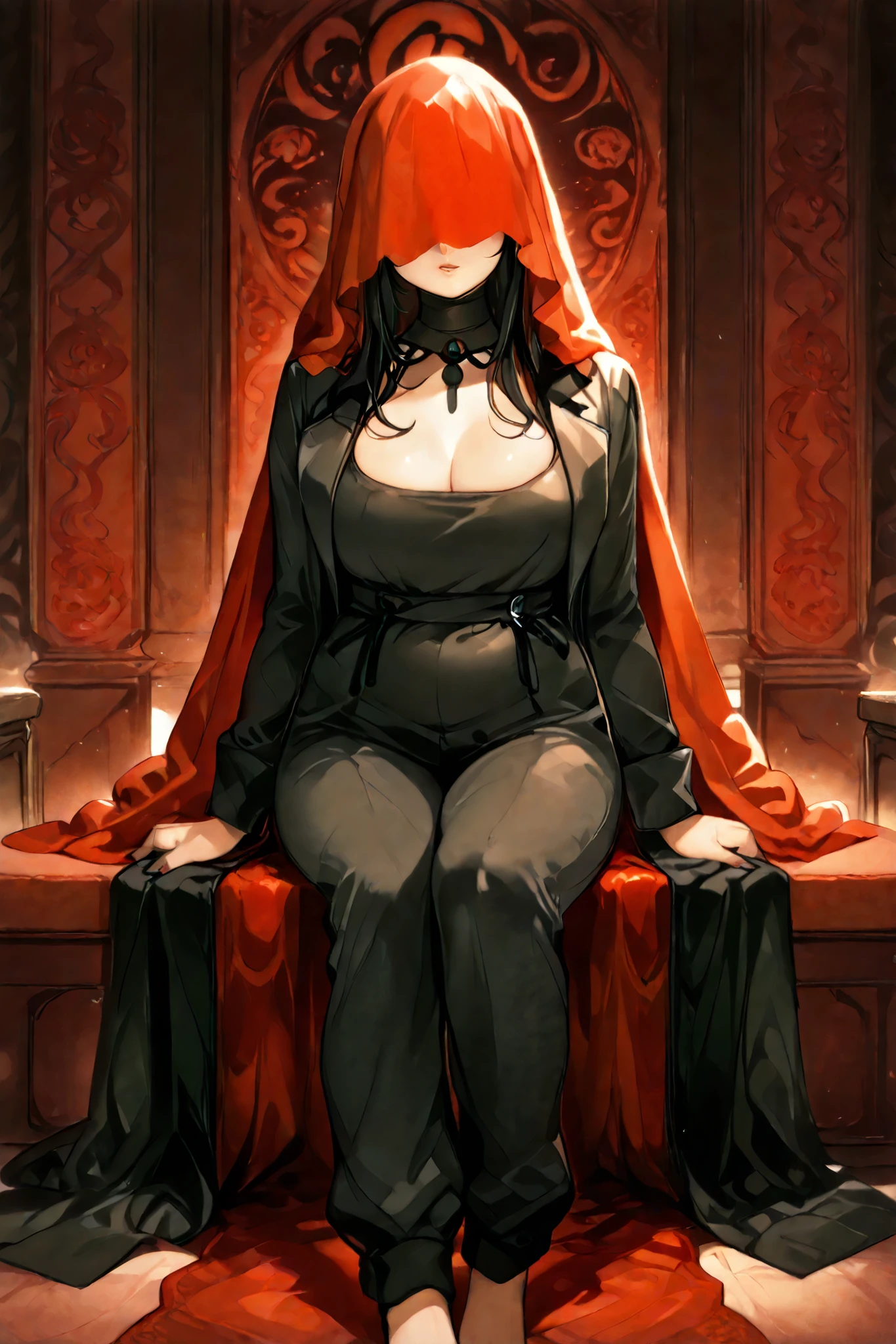 An elegant chubby woman, , long black hair and a red veil covering her eyes, wearing a black closed jumpsuit complete from feet to neck, black overcoat with red interior, places her fingers on her lips, symbolizing silence. Her nails were long and painted bright red. The background is solid black