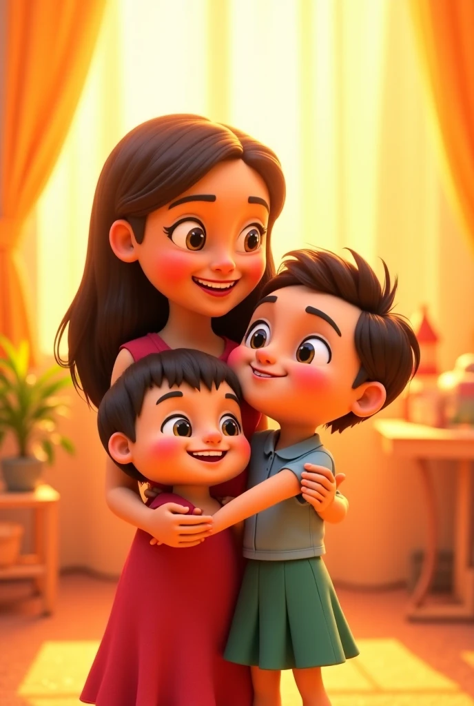  Latino boy hugging his  sister and his dad and mom pixar style 