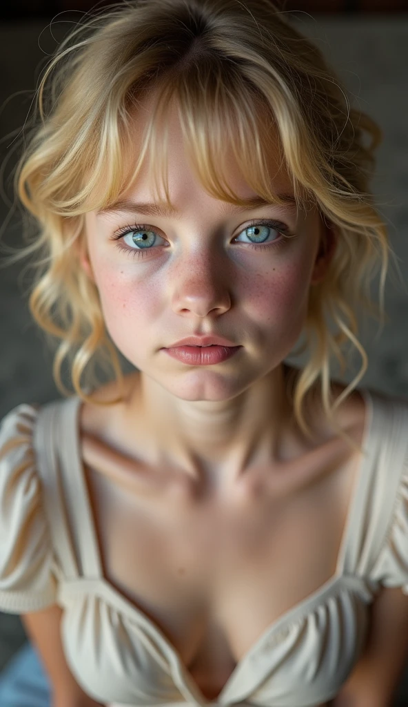 A victorian portrait of 13-year-old teenage girl with blond wavy hair and blue eyes wearing a blue nightgown from the 1890's. Only her face, very few freckles 