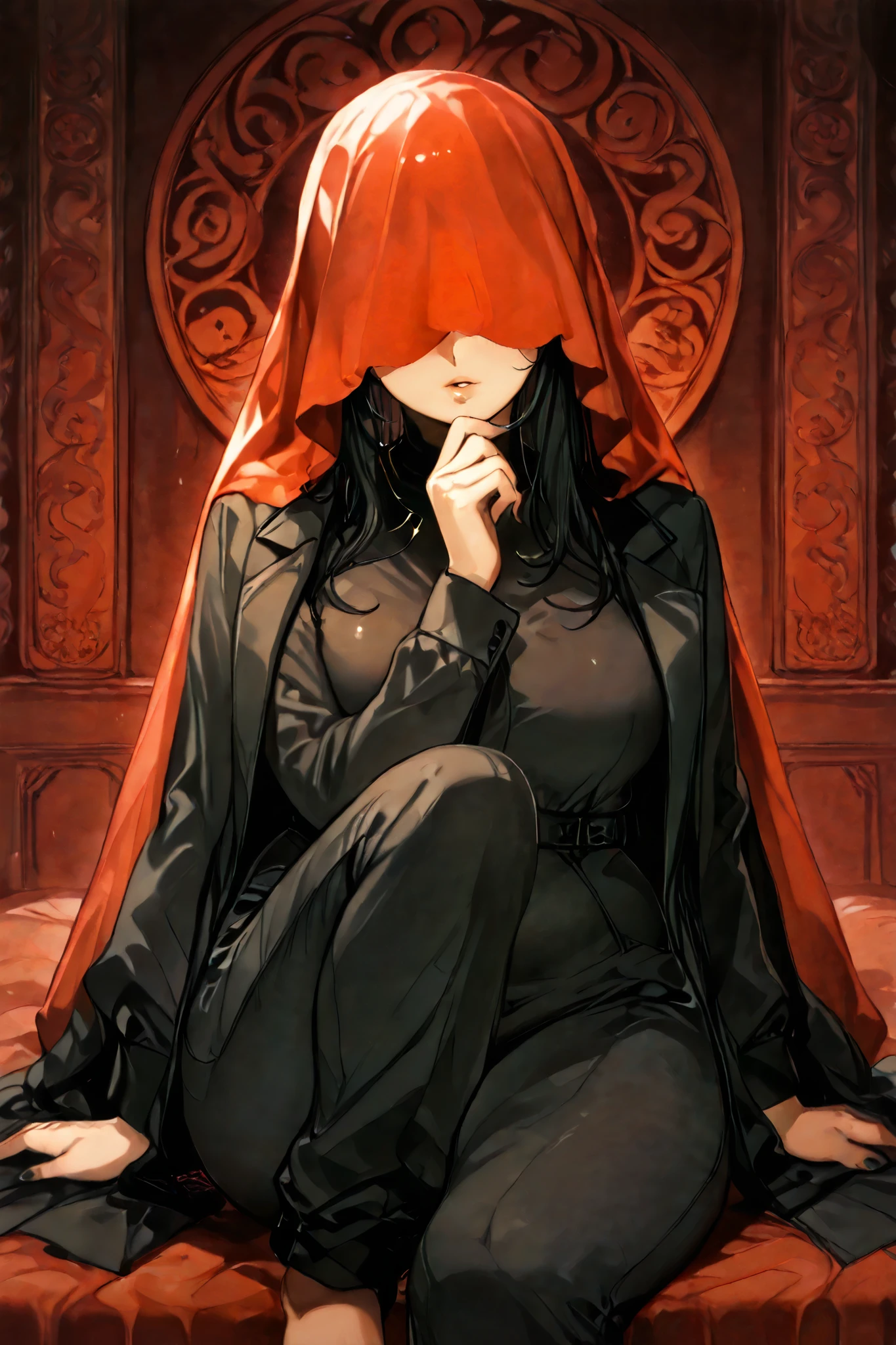 An elegant chubby woman, , long black hair and a red veil covering her eyes, wearing a black closed jumpsuit complete from feet to neck, black overcoat with red interior, places her fingers on her lips, symbolizing silence. Her nails were long and painted bright red. The background is solid black
