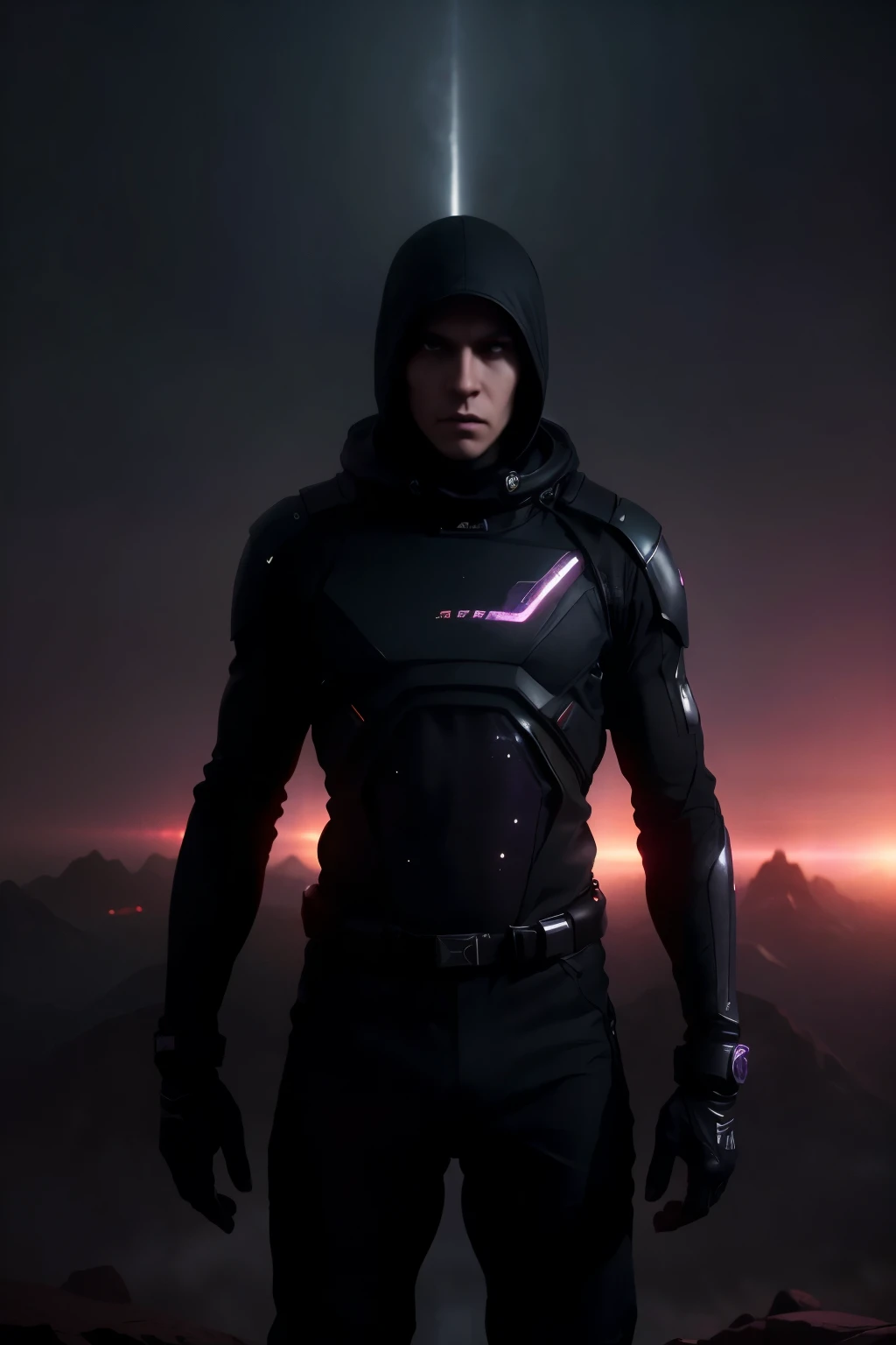 space, extreme frontier, a slender silhouette pierces the hazy purple horizon, detailed character portrait, cinematic lighting, dramatic atmosphere, glowing horizon, vibrant colors, dramatic lighting, moody sci-fi landscape, photorealistic, 8K, ultra-detailed, physically-based rendering