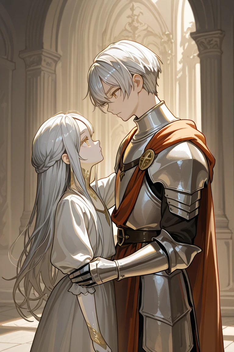 Young Witch, old beard muscular knight, face to face, bloody face knight,