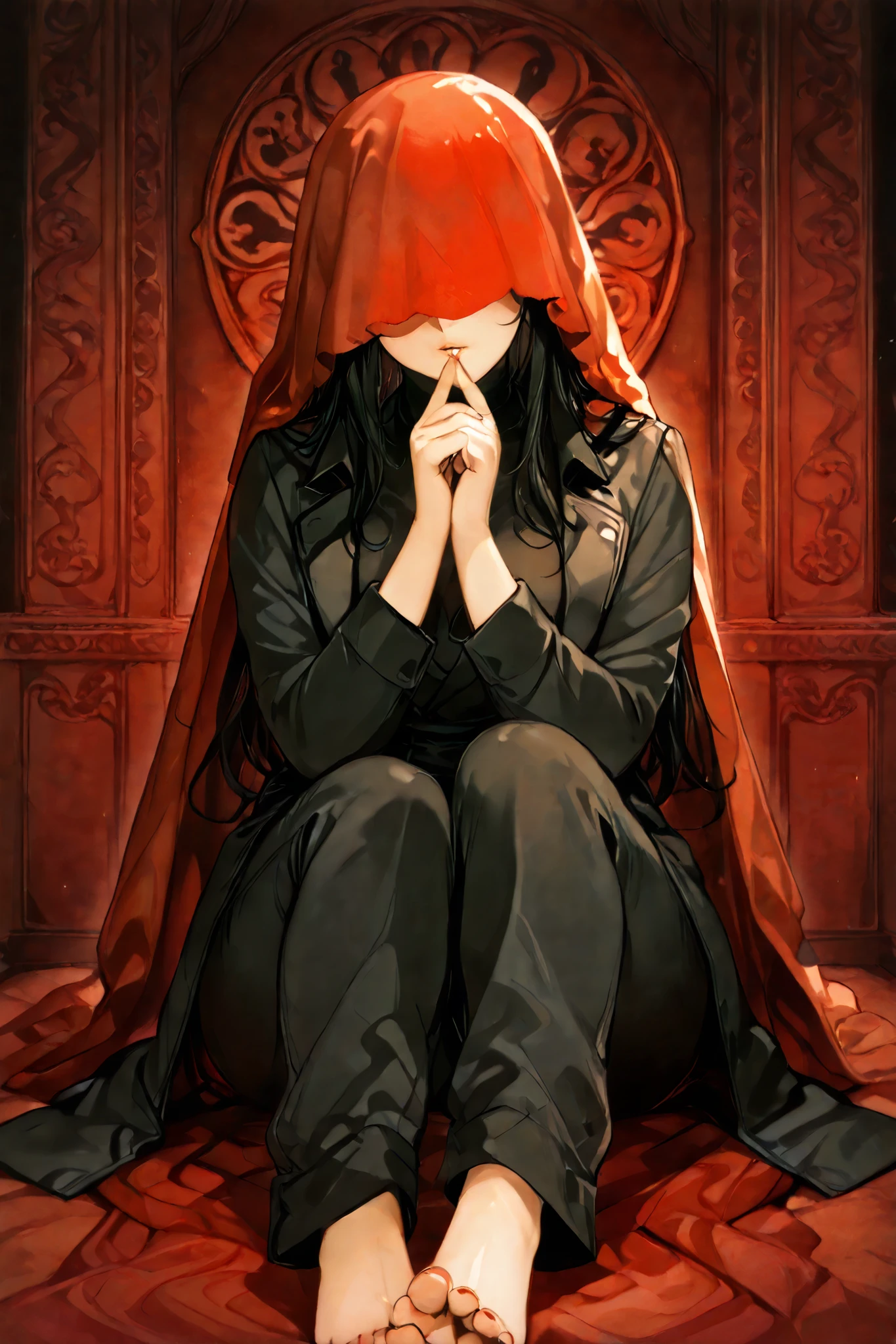 An elegant chubby woman, , long black hair and a red veil covering her eyes, wearing a black closed jumpsuit complete from feet to neck, black overcoat with red interior, places her fingers on her lips, symbolizing silence. Her nails were long and painted bright red. The background is solid black