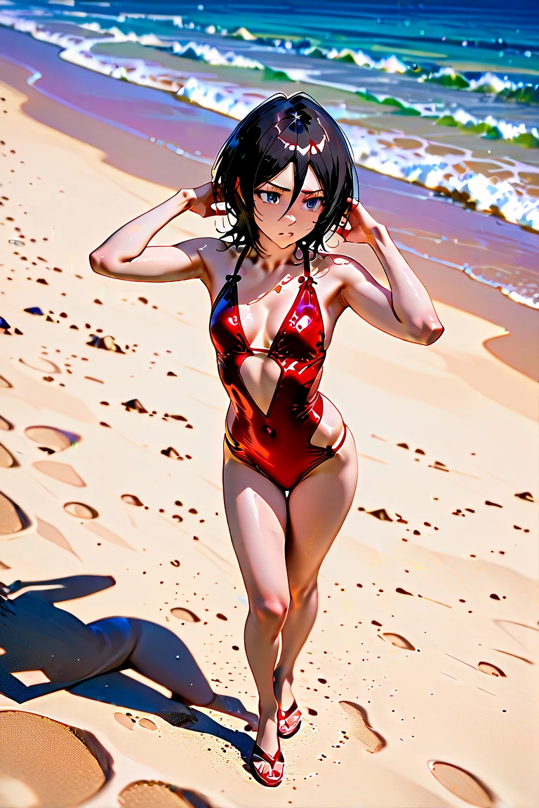girl similar to gorillaz noodle, black short hair ((drawing)), ((anime girl nose)),"Create an image of a woman lying on a red beach towel, seen from above, sunbathing on the sand of a beach. Make sure the scene shows a bright, sunny day with a clear blue sky and the ocean visible in the background. The woman should look relaxed and content, with the red towel standing out against the golden sand. The overall atmosphere should be calm and summery."