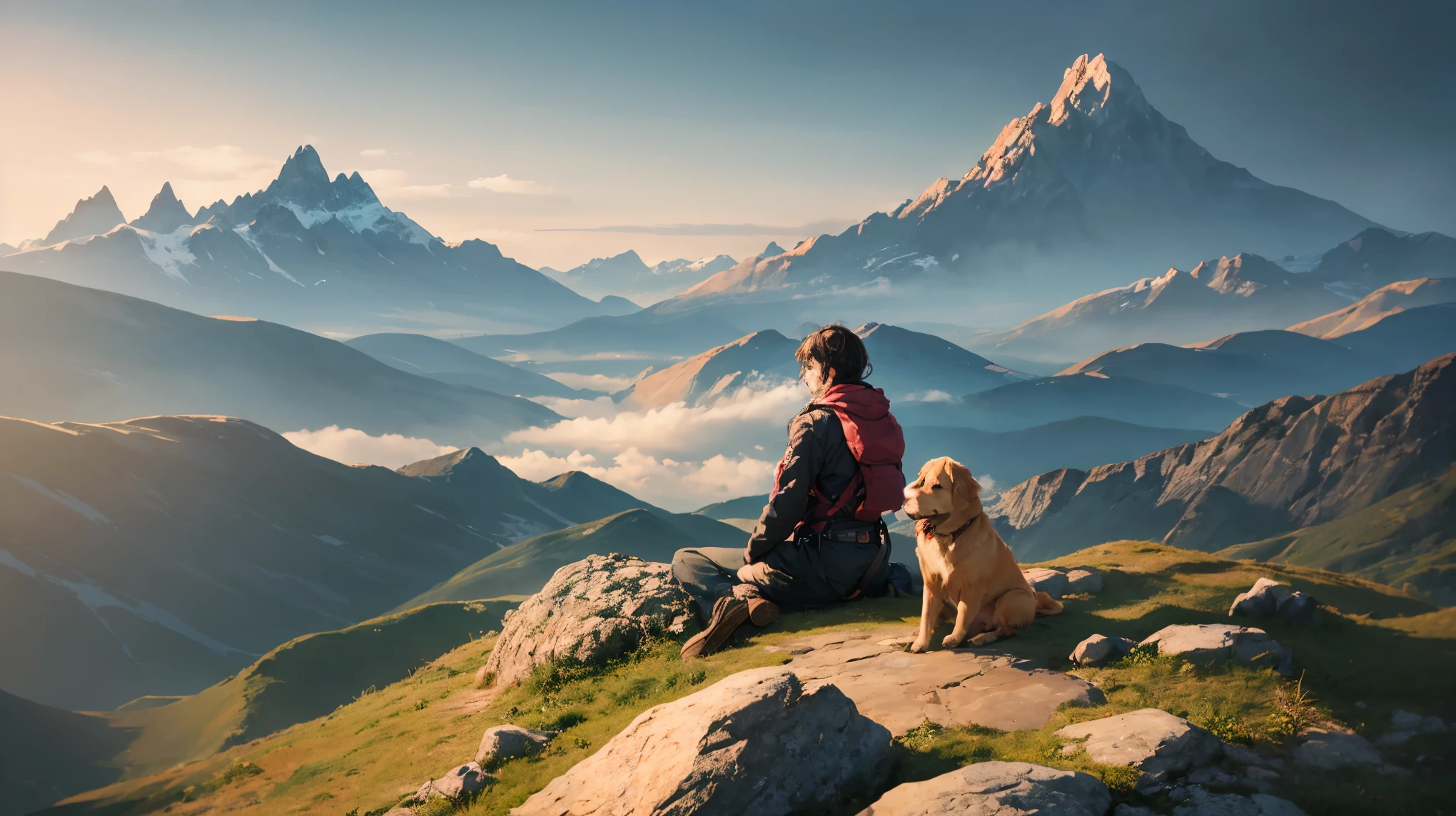 a man sitting on the edge of a mountain with his dog, detailed facial features, pensive expression, mountain landscape in the background, golden retriever dog sitting next to him, rocky terrain, cloudy sky, warm lighting, dramatic atmosphere, digital art, photorealistic, cinematic, 4k, sharp focus, physically-based rendering, ultra-detailed,masterpiece,vibrant colors,depth of field
