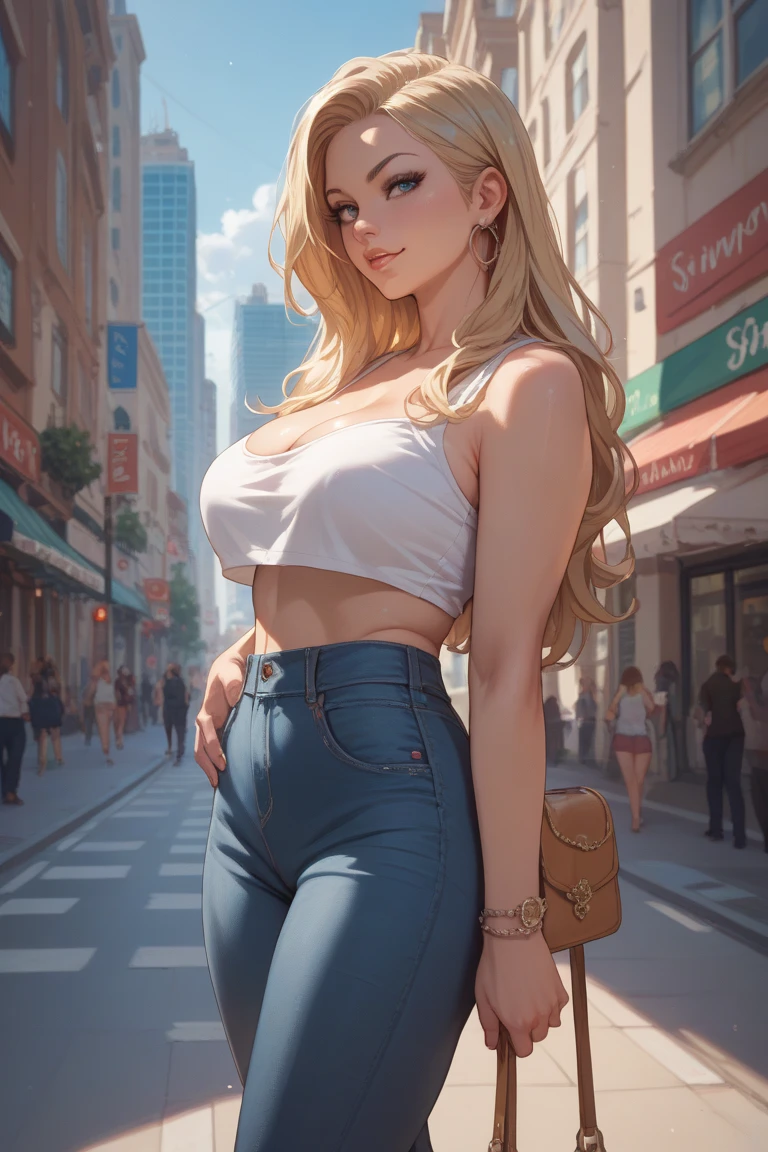 (Blonde stunning hair), (blue eyes), blue necklace, Golden earrings, Fit, Gorgeous Body, gorgeous, brown eyebrows, (two moles over lip), big pupils, (23 years old), 1girl,solo, complex skin, warm light, (large breasts), wide thighs, round butt, 5 fingers, ((blushing)), ((detailed face, best quality)), (masterpiece)), ((ultra-detailed)), (beautiful detailed eyes), red lip, eyeshadow, beautiful face, long hair, very detailed eyes, intricate details in eyes, perfect lips, good lighting, cleavage, ((grin face)), wearing casual clothes, in a crowded shopping center background, wearing black shoes, show black shoes, two legs, showing black shoes, full body standing