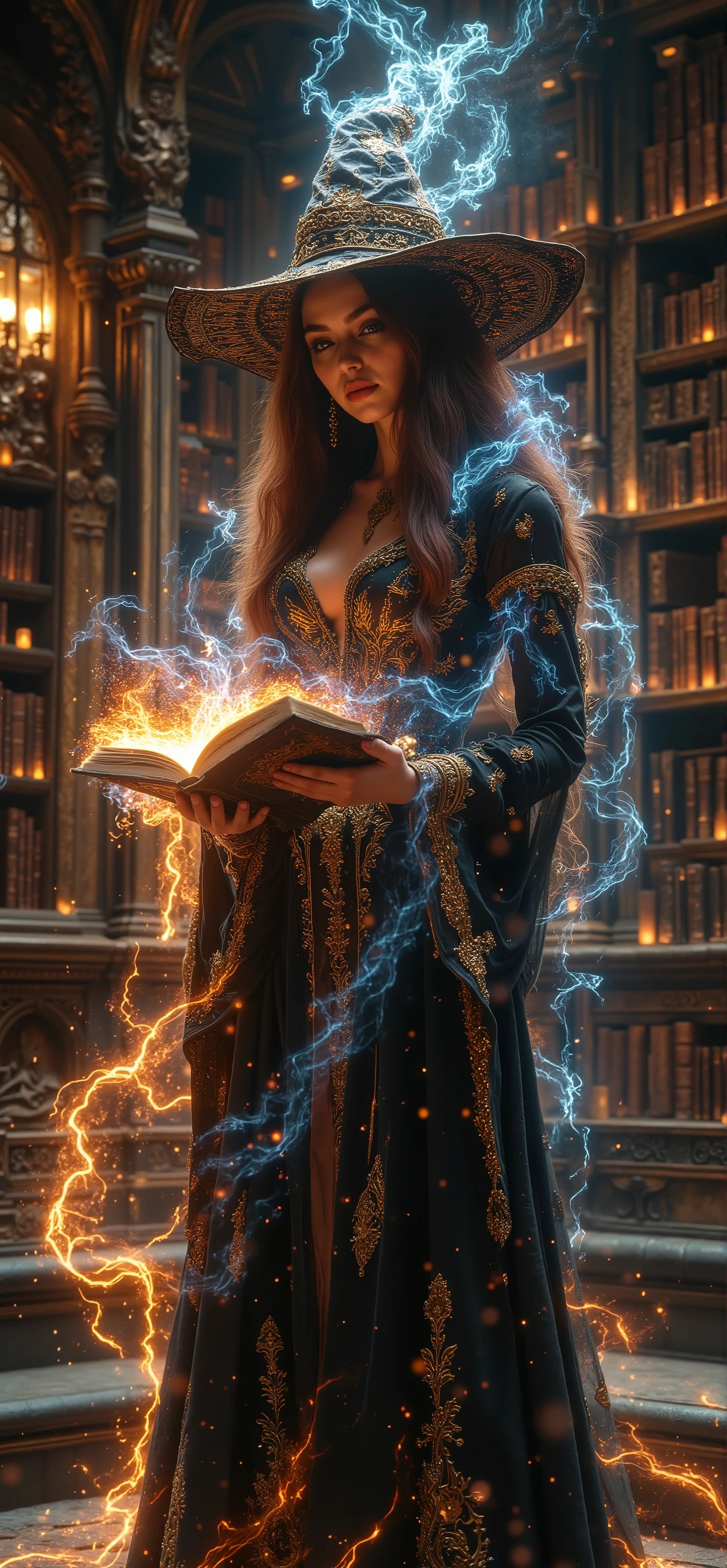 An ultra realistic image of a gigantic breasts, cleavage, slim waist, hourglass figure, photo realistic, long brunette 28 years old witch with a pointy hat and standing in front of a monumental cathedral-like library, holding a large magic tome, The tome and her body is surrounded by a mysterious aura that results in colorful waves, wearing inspired witch clothes with intricate patterns, high-heeled shoes, side view,
