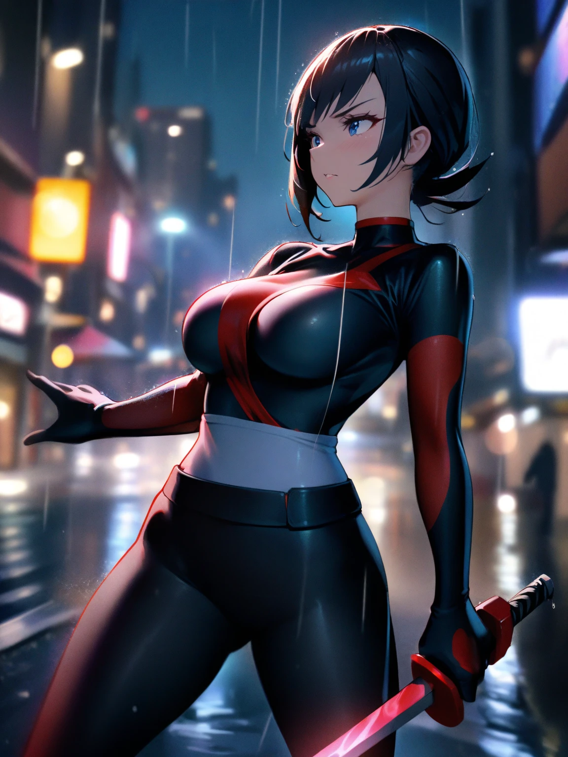 1girl,solo,super detailed skin,shiny skin,expressionless face,, black hair, highlights hair, Blue streaked hair,bob hair,,hime cut,eyelashes,lips gloss ,fangs,,large soft ,fullbodysuit,fishnet arms,cleavag,ninja clothes ,action,cleavage cutoutst magic,ruins,masterpiece,best quality,ultra detailed,high resolution,sharp focus