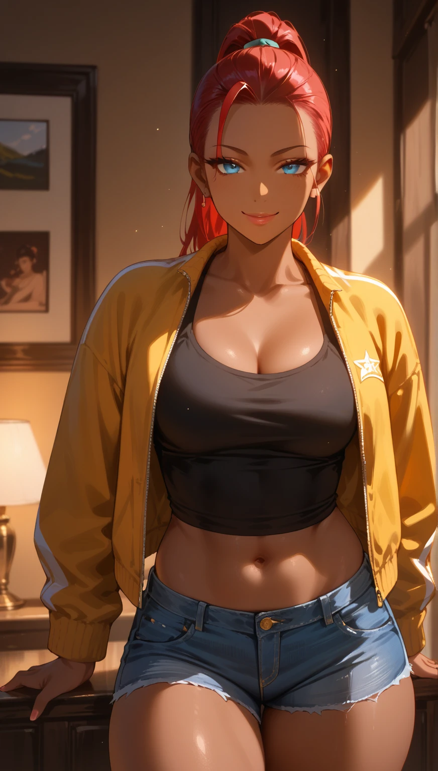 A orange hair white woman with a sexy body wearing a green crop top and brown pants in a bar and has a (smug confident expression:1.3) and is surrounded by black men without shirts