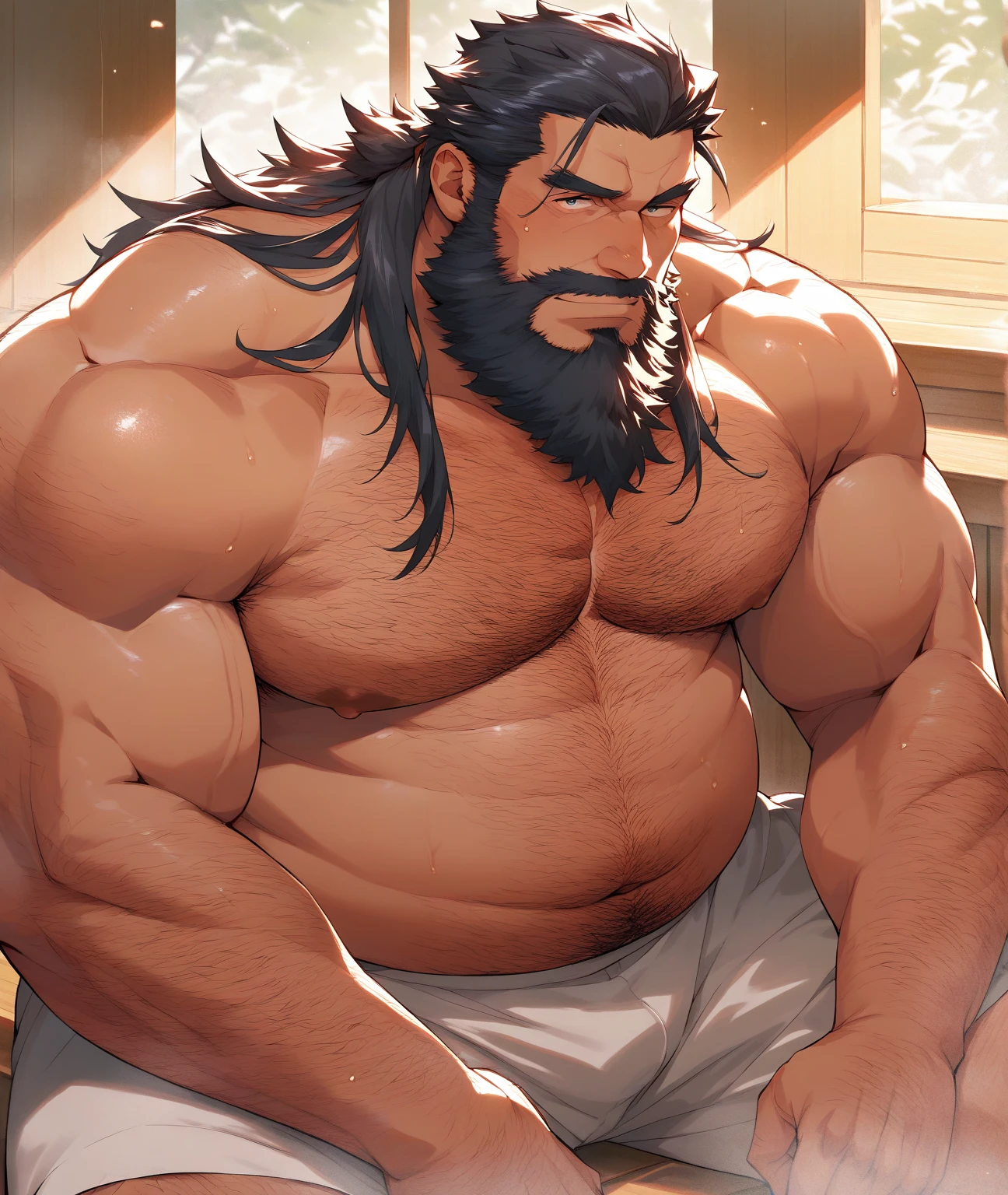 a metal statue of an extremely large, muscular bodybuilder, big chest, thick legs, black hair and beard, angry, naked,