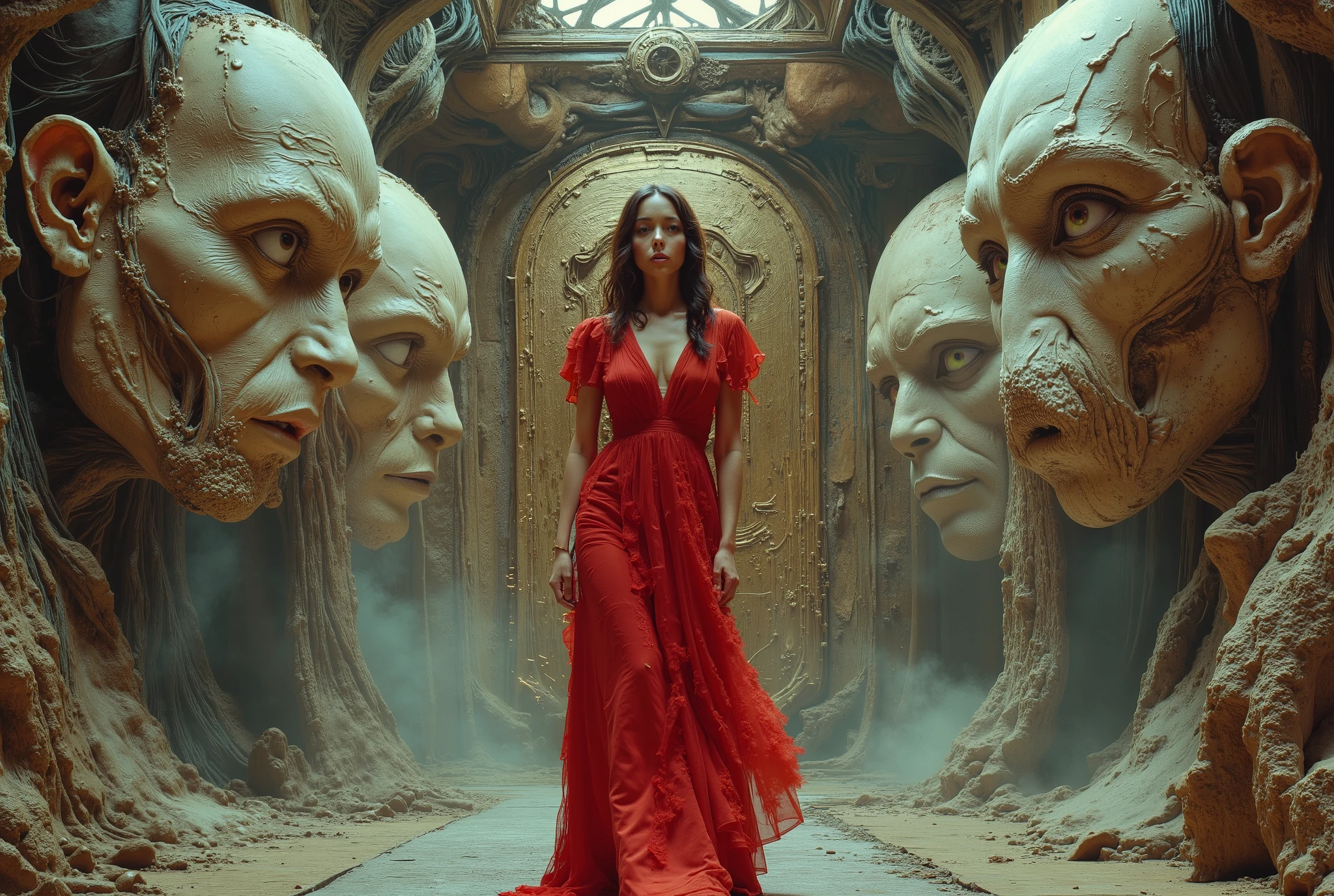 there is a woman in a red dress standing in a room with giant alien heads, symmetrical epic fantasy art, artgerm julie bell beeple, karol bak uhd, detailed fantasy digital art, epic fantasy sci fi illustration, digital art fantasy art, epic scifi fantasy art, tomasz alen kopera and cgsociety, fantasy art behance