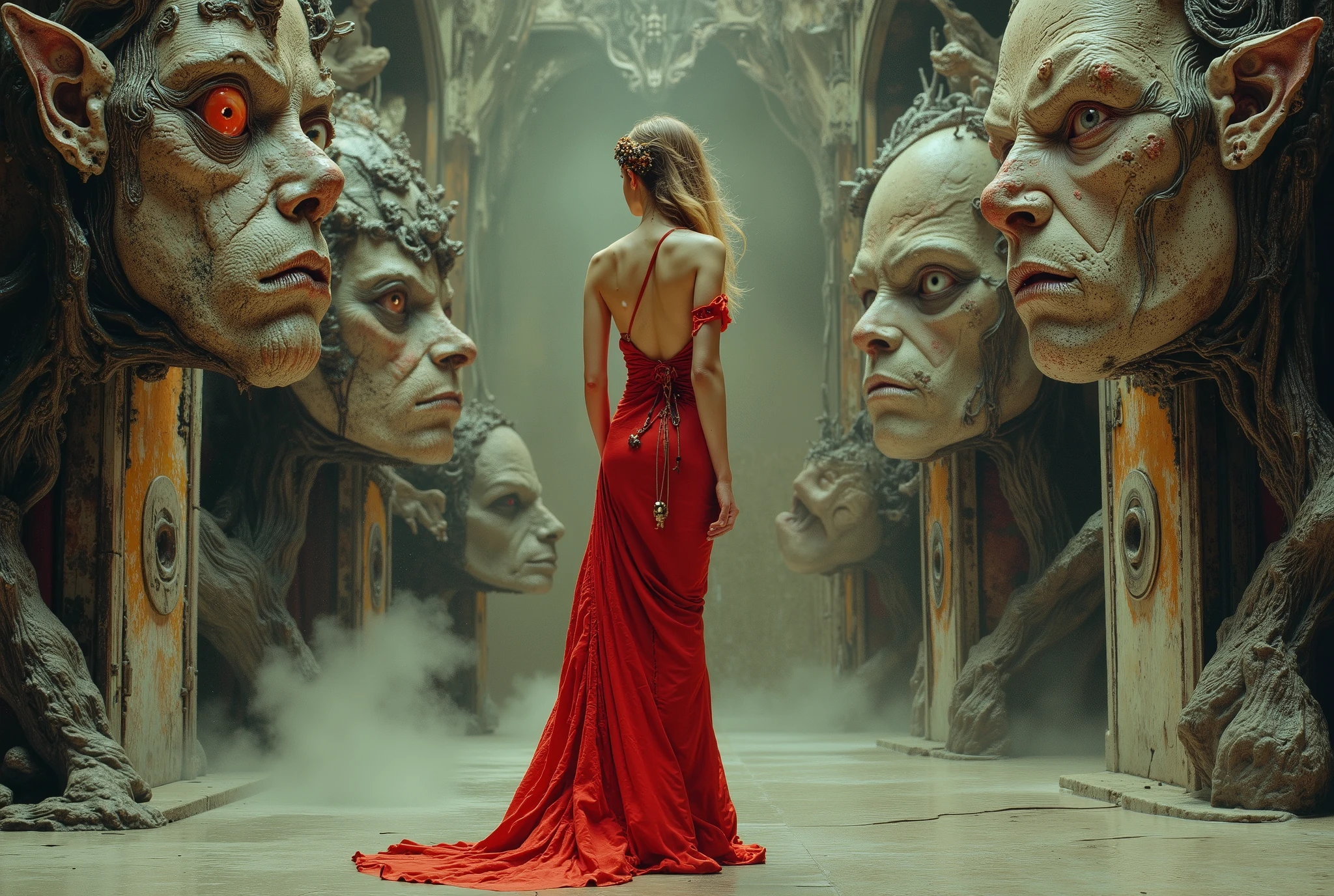there is a woman in a red dress standing in a room with giant alien heads, symmetrical epic fantasy art, artgerm julie bell beeple, karol bak uhd, detailed fantasy digital art, epic fantasy sci fi illustration, digital art fantasy art, epic scifi fantasy art, tomasz alen kopera and cgsociety, fantasy art behance