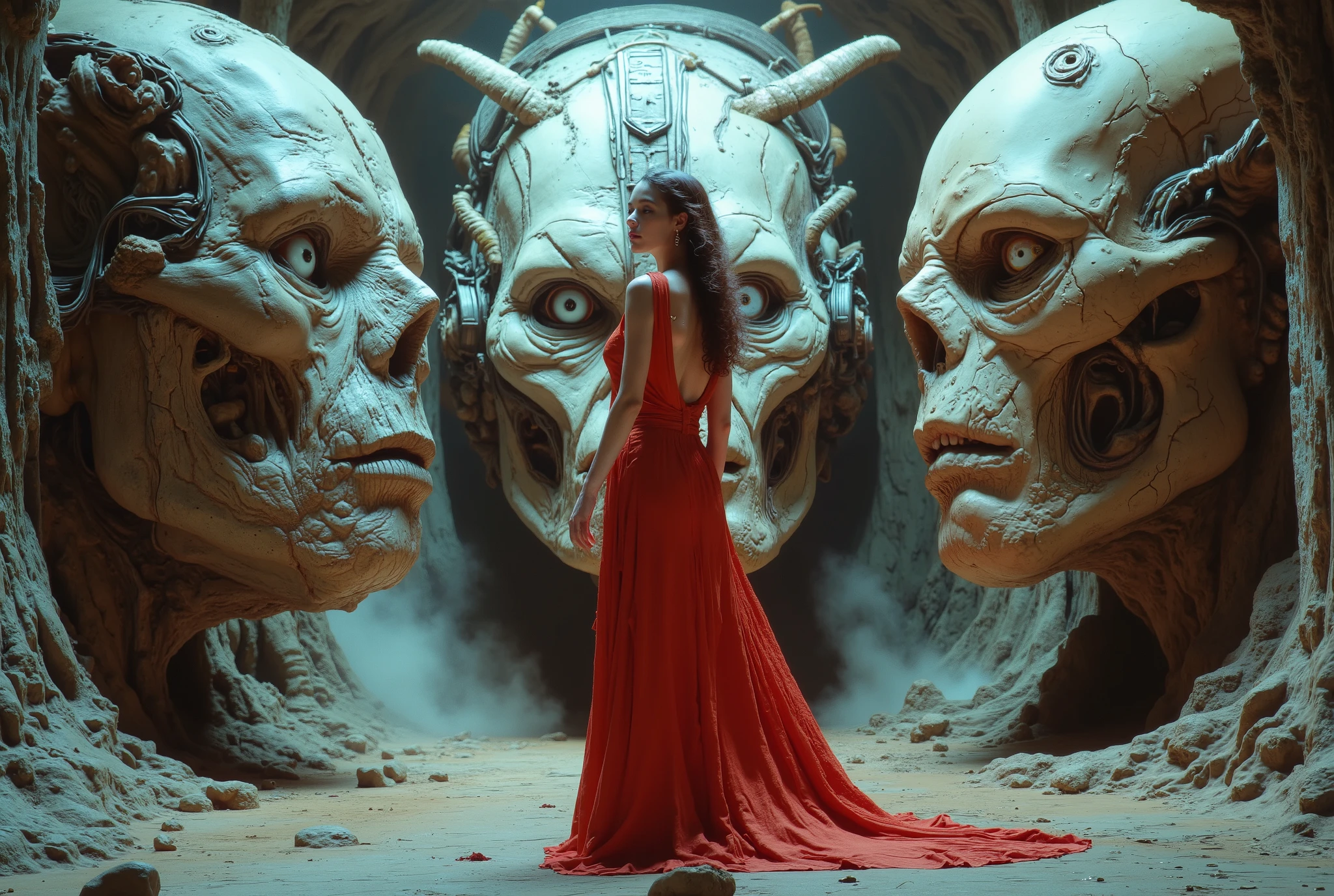 there is a woman in a red dress standing in a room with giant alien heads, symmetrical epic fantasy art, artgerm julie bell beeple, karol bak uhd, detailed fantasy digital art, epic fantasy sci fi illustration, digital art fantasy art, epic scifi fantasy art, tomasz alen kopera and cgsociety, fantasy art behance