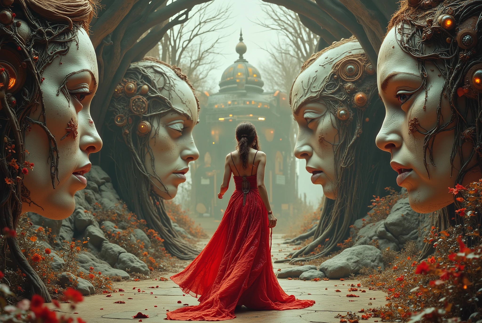 there is a woman in a red dress standing in a room with giant alien heads, cyberpunk art by John La Gatta, cgsociety contest winner, fantasy art, symmetrical epic fantasy art, artgerm julie bell beeple, karol bak uhd, detailed fantasy digital art, epic fantasy sci fi illustration, digital art fantasy art, epic scifi fantasy art