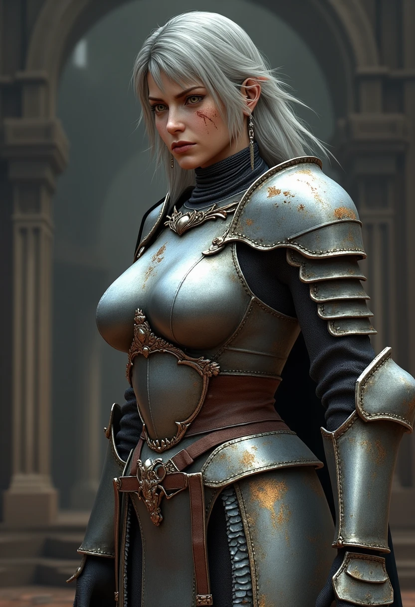 full-length pro photo, full-body, detailed face, (masterpiece), detailed grey eyes, silver hair, braided hair, ponytail, female warrior, bikini armor, armor, metal armor, angry expression, athletic body, abs, defined arms, muscular, (glossy:1), oily skin, intricate design, (bimbo:0.5), big breasts, castle background, medieval, barracks, high quality, intricate, highly detailed, trending on artstation 2k, 4k, 8k, hdr, highres, absurdres, best quality, cinematic lighting, professional, epic, very detailed, highest quality, ultra-detailed, extremely detailed, powerful impression, hyperdetailed, hyperrealistic, hypermaximalist, extremely intricate, CG, unity, (high-definition)