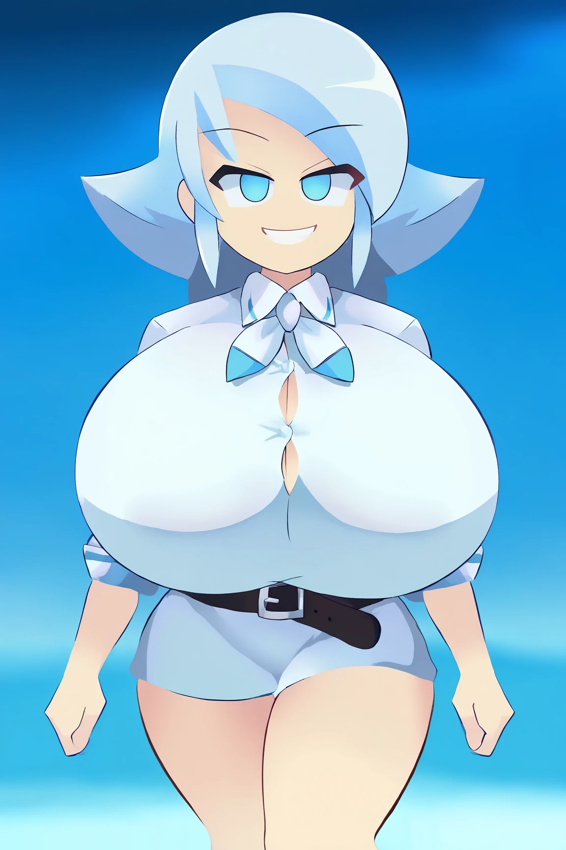 Shark girl, very sexy, big breasts, Wearing a short white sports shirt and shorts,