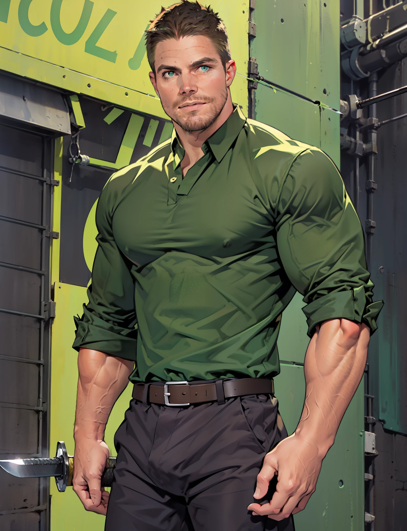 1 man, male focus solo,45 yo man,Stephen AMELL as green arrow,  lean muscle, ((open dark green shirt, dark green jeans with brown belt)) ,(( big bulge)), full body shot, dark blond short hair, well groomed facial hair, (((holding a sword with one hand))), ultra high quality, masterpiece, ( ever changing background,dark green,  blue,  white and green arabesques lines in the blackground)