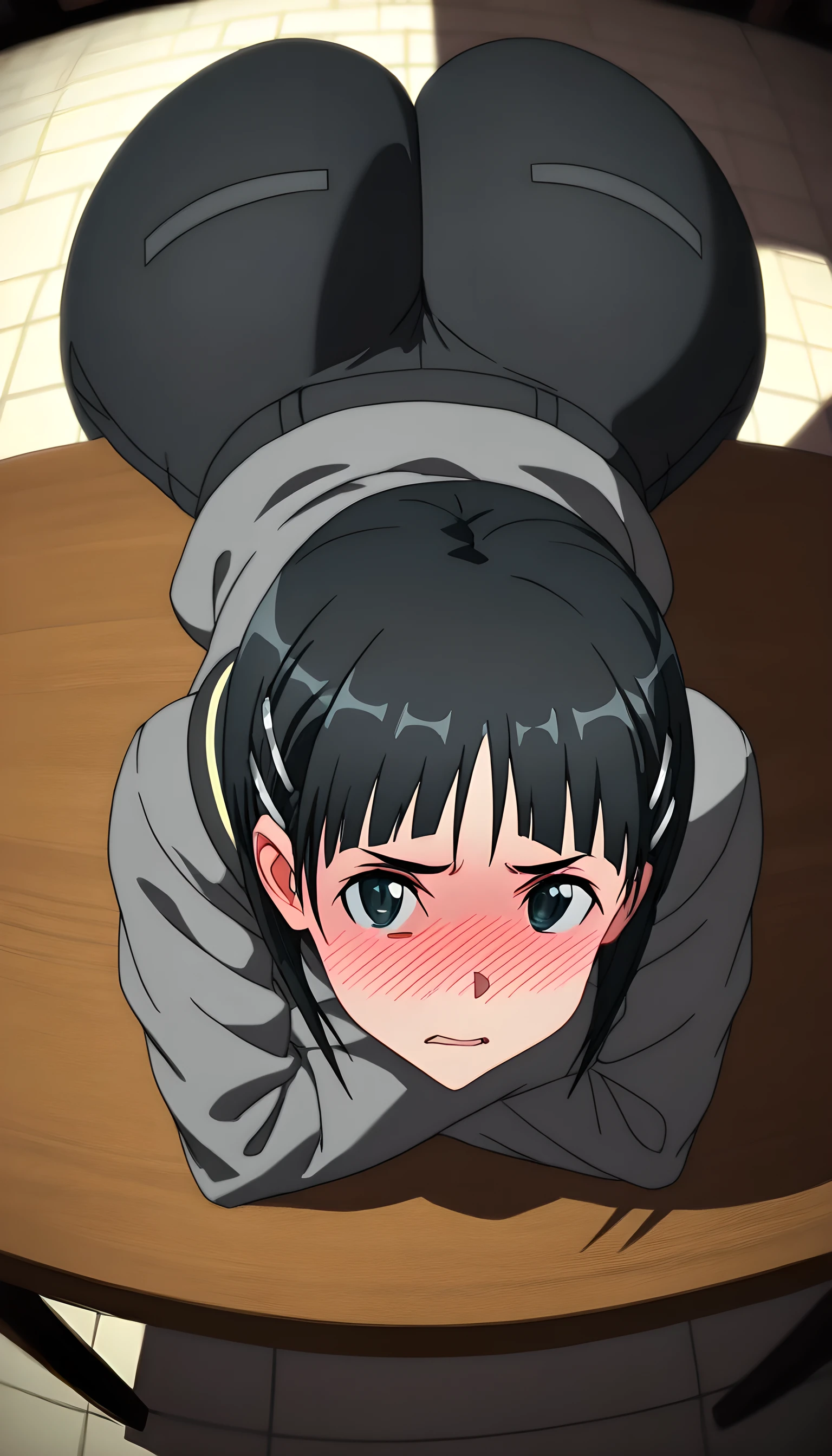 kirigaya suguha, sword art online, 1girl, blue eyes, green eyes, black hair, short hair, hairclip, sysdeep_suguha, indoors, simple background, bends over, lying on table, looking at viewer, (disgusted), (disgust), (full-face blush), big ass,, bends over table, 3d, realistic, masterpiece, black pants, high angle, fisheye, cameltoe, school uniform, Infront,