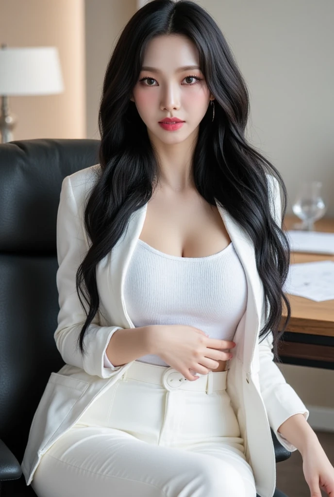 arafed asian woman in a white shirt and black skirt posing for a picture, jaeyeon nam, gorgeous young korean woman, beautiful south korean woman, korean girl, beautiful young korean woman, korean woman, heonhwa choe, korean women's fashion model, smooth white tight clothes suit, sexy look, big breast, light purple hair, sexy pose, show breast