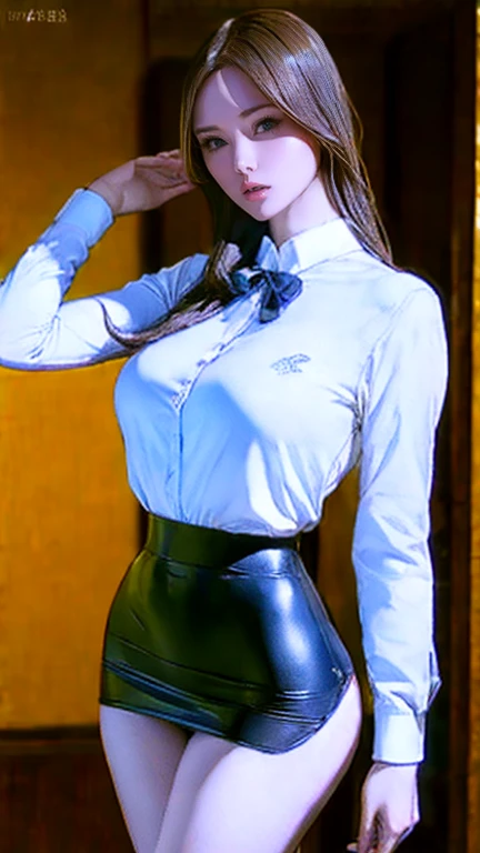 (8k,high resolution,Masterpiece, best quality, alone, complicated details, Chromatic aberration), realistic, ((Moderate breath)), hair in one eye,purple eyes, big round hoop earrings, sharp eyes, Leather choker with diamonds, 3 levels of diamond necklace,(symmetrical eyes),(Perfect symmetrical body),Photo of a beautiful 21 year old teenage girl..,(fit the body), ,Beautiful and charming with contemporary fashion paintings as well......, looking at the audience, ((Behind the scenes of a large classroom)), (black short skirt), ((The young woman wore a form-fitting white short-sleeved shirt..., Unbuttoning the buttons, Revealing a little breast..)), ((A short black pencil skirt with a deep slit on the side....)), belt, ((Put your hands down.)),blonde hair, Bob, long hair, Side flatness,,blonde hairทองแดง, sit, sharp eyeliner, Eye shadow blush with thick eyelashes, Very delicate and beautiful, round chin, Sharp focus, elegant,sit on the study table Lift one leg to eye level., The legs are slightly spread apart....,dynamic gesture,((Dark blue short sleeve lab coat.)),mahalaiuniform ,big breast