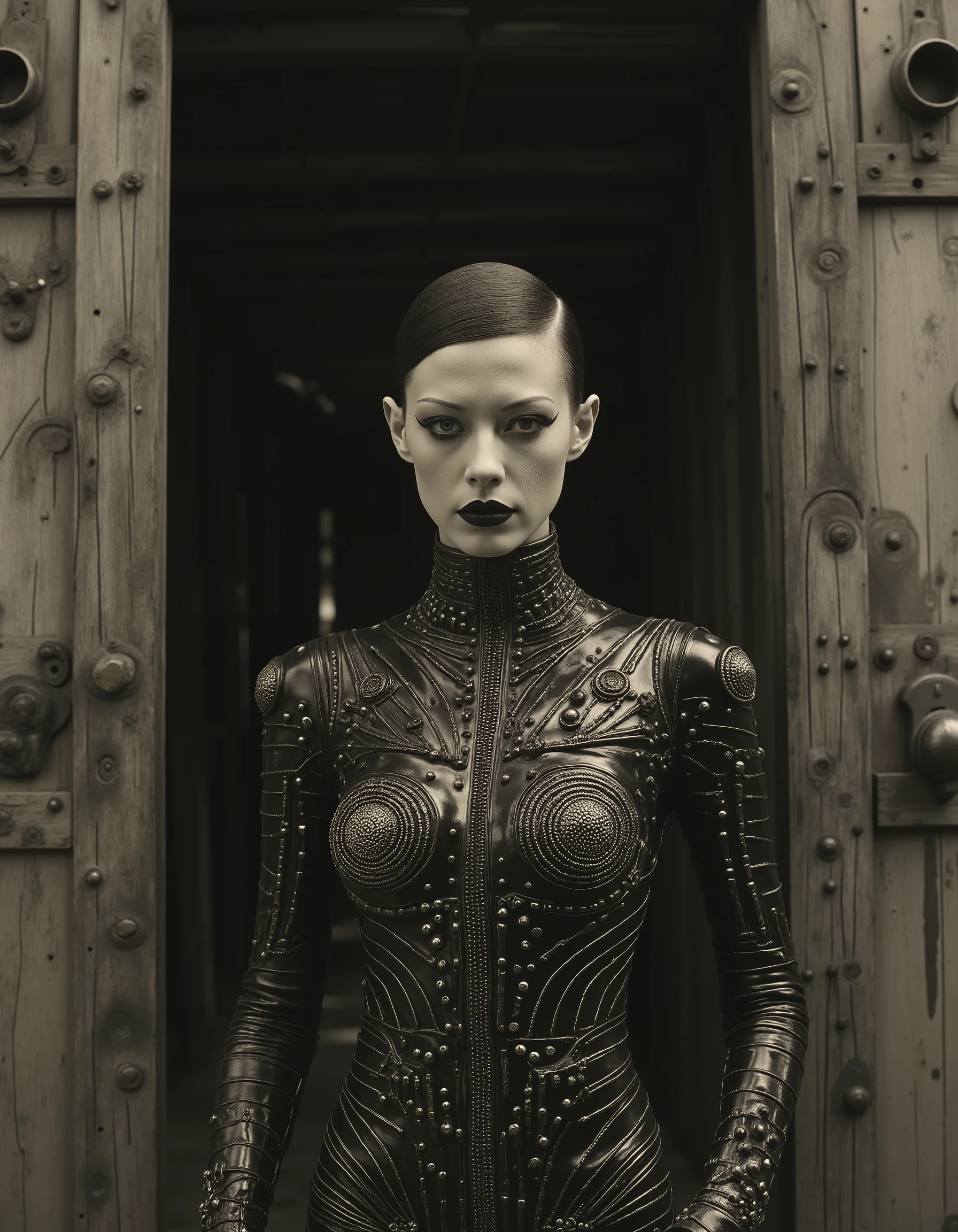 sexy woman in black leather outfit posing in front of a wooden door, seductive cyberpunk dark fantasy, full body xianxia, by Yang J, wearing a black noble suit, gorgeous chinese model, intricate latex set, inspired by Feng Zhu, trending on cgstation, cyberpunk bodysuit, trending at cgstation, seductive. highly detailed, chinese costume, cheongsam