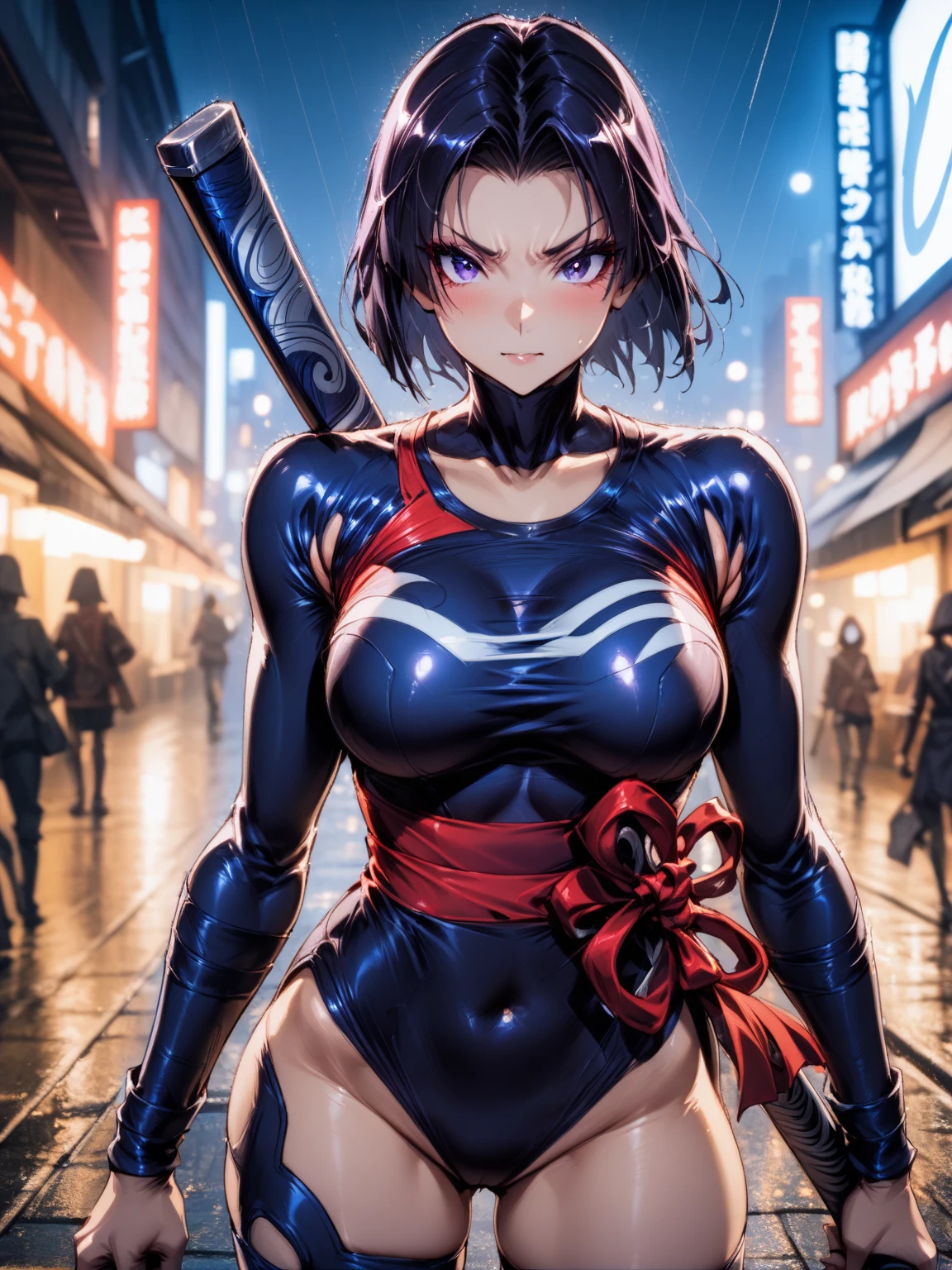 ultra-detailed, Explicit, Beautiful body, Beautiful Nose, Beautiful character design, perfect eyes, perfect face, ultra highres, 4K, beautiful legs, perfect legs, Nice hands, Perfect hand, Masterpiece, Best Quality, Highly detailed, illustration, absurdres, street fighter, doll suit, shadaloo doll, dollsuit, expressionless, blank eyes, looking at viewer, red gloves, emotionless, black latex, corrution, mind control, female combatant, full body, hypnotized, unhappy trance, full body suit, ribbed bodysuit, both arms at side, obey, perfect female body, extremely glossy latex, hypnosis, hypnoLora, empty eyes, Mind control device, poses, submissive_pose, Slave, hat, necktie, stand up straight, standing, standing at attention, hat, necktie, belt, latex, ribbed bodysuit, thighhighs, garter belt, Fighting Stance, extending the right arm from the shoulder into the air with a straightened hand, nazi saluting, military, military saluting, salute, thigh boots, 1girl, Suzu Kanade, Ayakashi Triangle, black hair, short hair, purple eyes