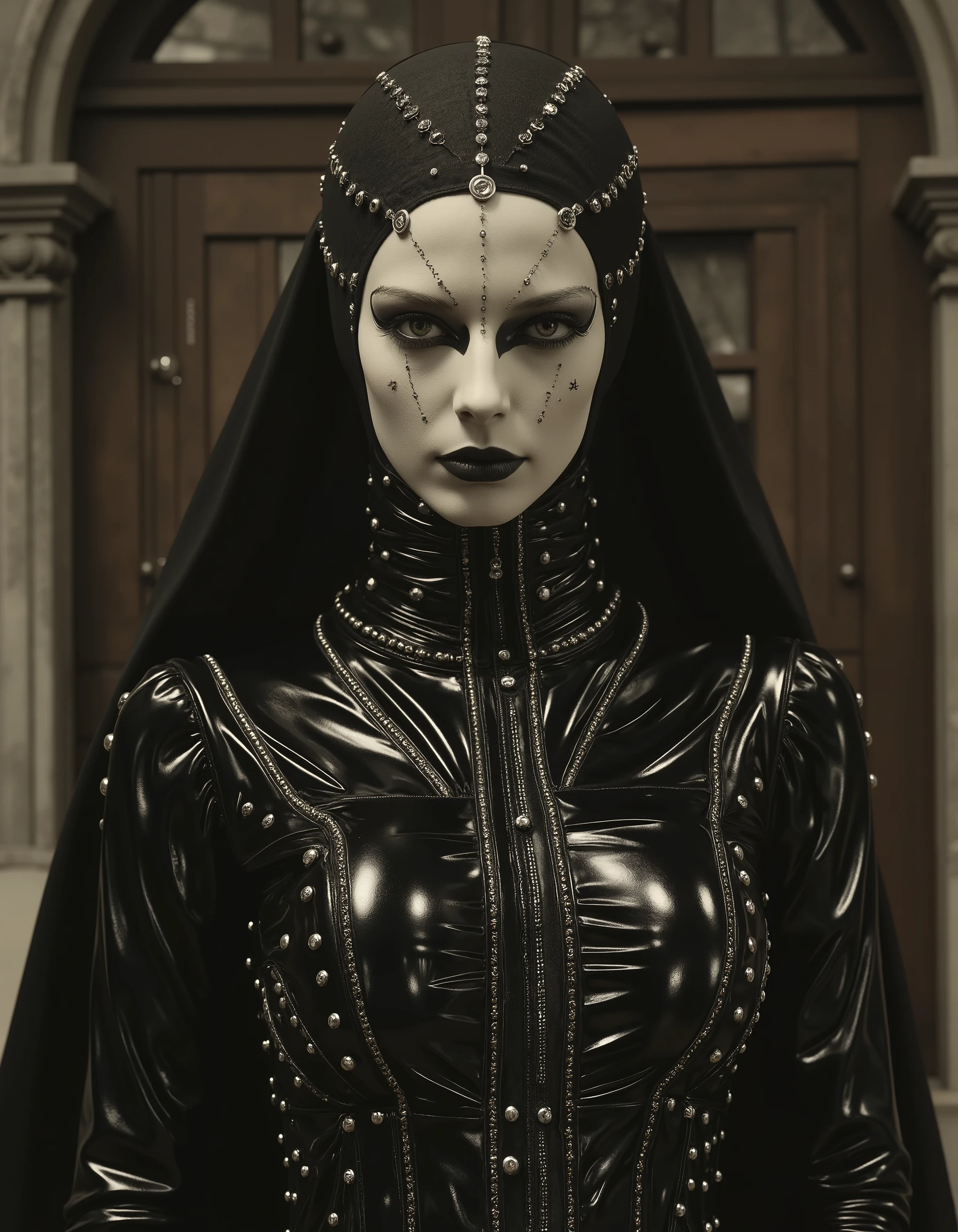 sexy woman in black leather outfit posing in front of a wooden door, cyberpunk art by Yang J, cgsociety contest winner, gothic art, seductive cyberpunk dark fantasy, full body xianxia, wearing a black noble suit, gorgeous chinese model, intricate latex set, trending on cgstation, cyberpunk bodysuit, trending at cgstation, seductive. highly detailed