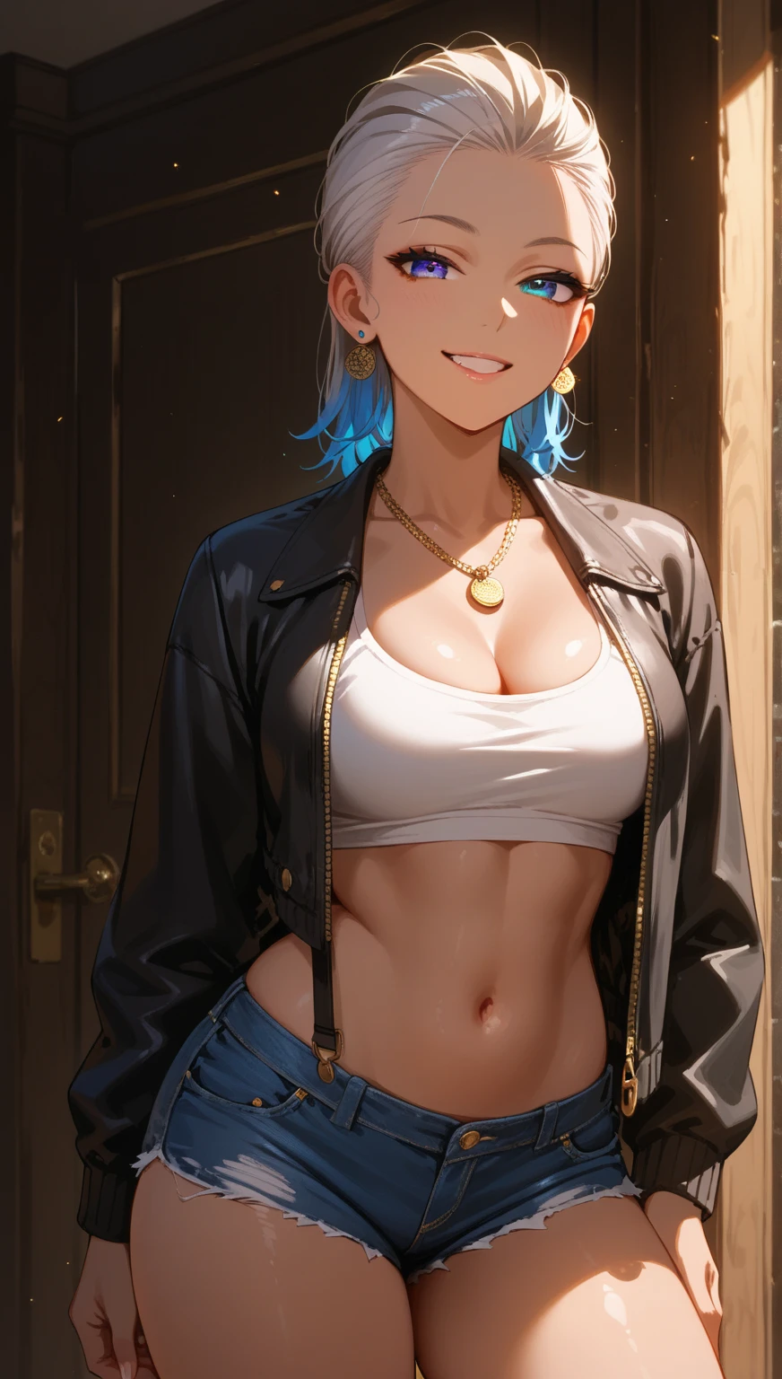 1 girl, Alone, Android 18, by rubio, blue eyes, short hair, jewelry, earrings, smile, jacket, looking to the side, Denim, Denim jacket, Upper part of the body, lingerie, Closed mouth, cloud, sky, day, looking away, blue sky, collarbUno,nude