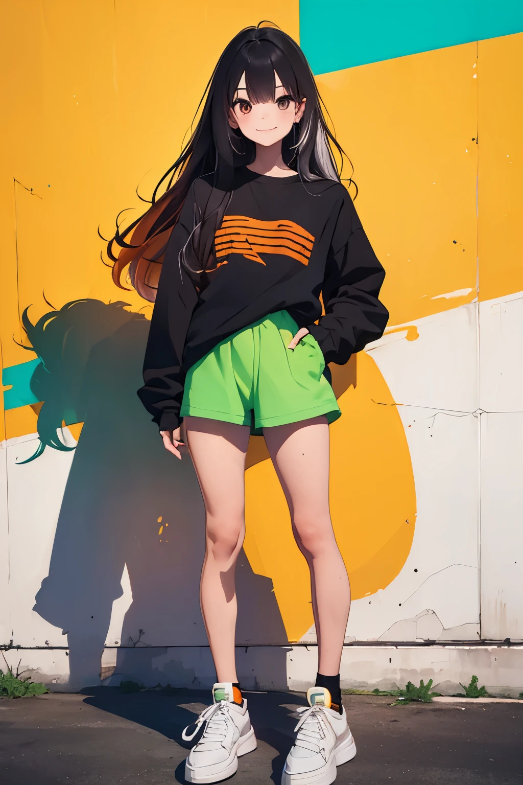 Young  ,  long hair, loose and multicolored, black hair and orange hair, wearing a black long sleeve t-shirt and shorts, black half, white sneakers and dark green gloves, smiling. best quality, HD, masterpiece, detailed 1.2