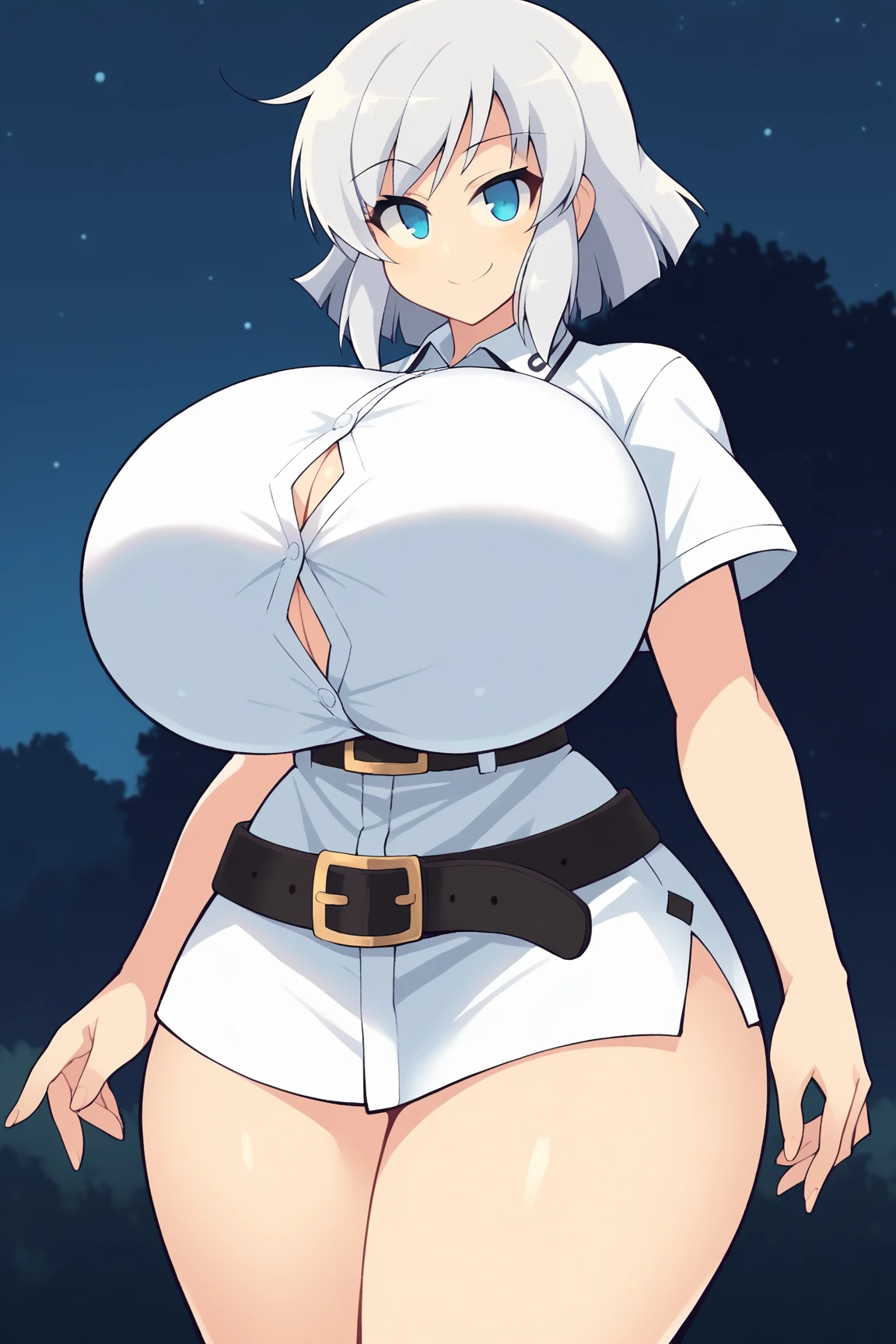 ((masterpiece, best quality)), (1girl), (solo), (female focus), (ahoge, white hair, short hair), black eyes, light smile, tongue out, big breats, big thighs, big ass ((white shirt), (buttoned shirt), (button gap)), ((black skirt), (short skirt)), standing, white background, arms behind back, dynamic angle