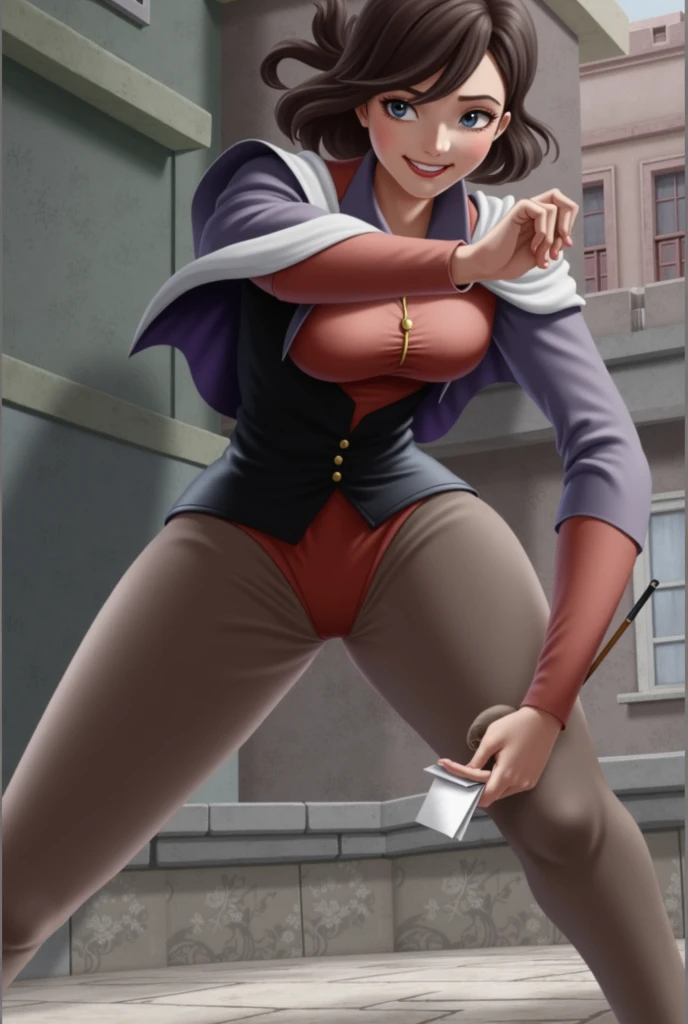 ((masterpiece, highest quality; 1.3)), highest quality, Beautiful details, Very detailed, Ultra-fine, 16k, Exquisite, Absurd, High resolution, Beautiful background, Detailed Background, Beautiful Eyes, Beautiful Skin, Anime Style, Real stick, Very detailed, Very detailed, Detailed Lora,High resolution, Detailed face, Perfect Face, fine grain, Perfect Eyes, Expressive eyes, Perfect Anatomy, (視聴者に向けてkickをしているAnnie), 1 girl, alone, anger, Nervous, Annie, short hair, Black Hair, iris, White shirt, Brown vest, Brown mini skirt, Brown boots, Big Breasts,Tight waist, Cowboy Shot, ((Lift one leg up, Lift your toes up)), ((I-shaped balance)), ((kick:1.1)), Her white panties are in full view, Camel Toe)),