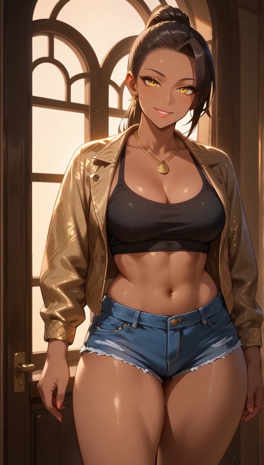 Brown Hair、Brown eyes、beauty、Gal、The bangs are up、Very short hair、nice、Long eyelashes、Big eyes、Earrings、Golden Bikini、Short distressed jeans、Cleavage、whole body、Great thighs、Beautiful feet、Beautiful Abs、Wet Skin、Slimy skin、Oily skin、Sunburn、Light-reflecting skin、Glossy finish、Realistic details、Perfect body