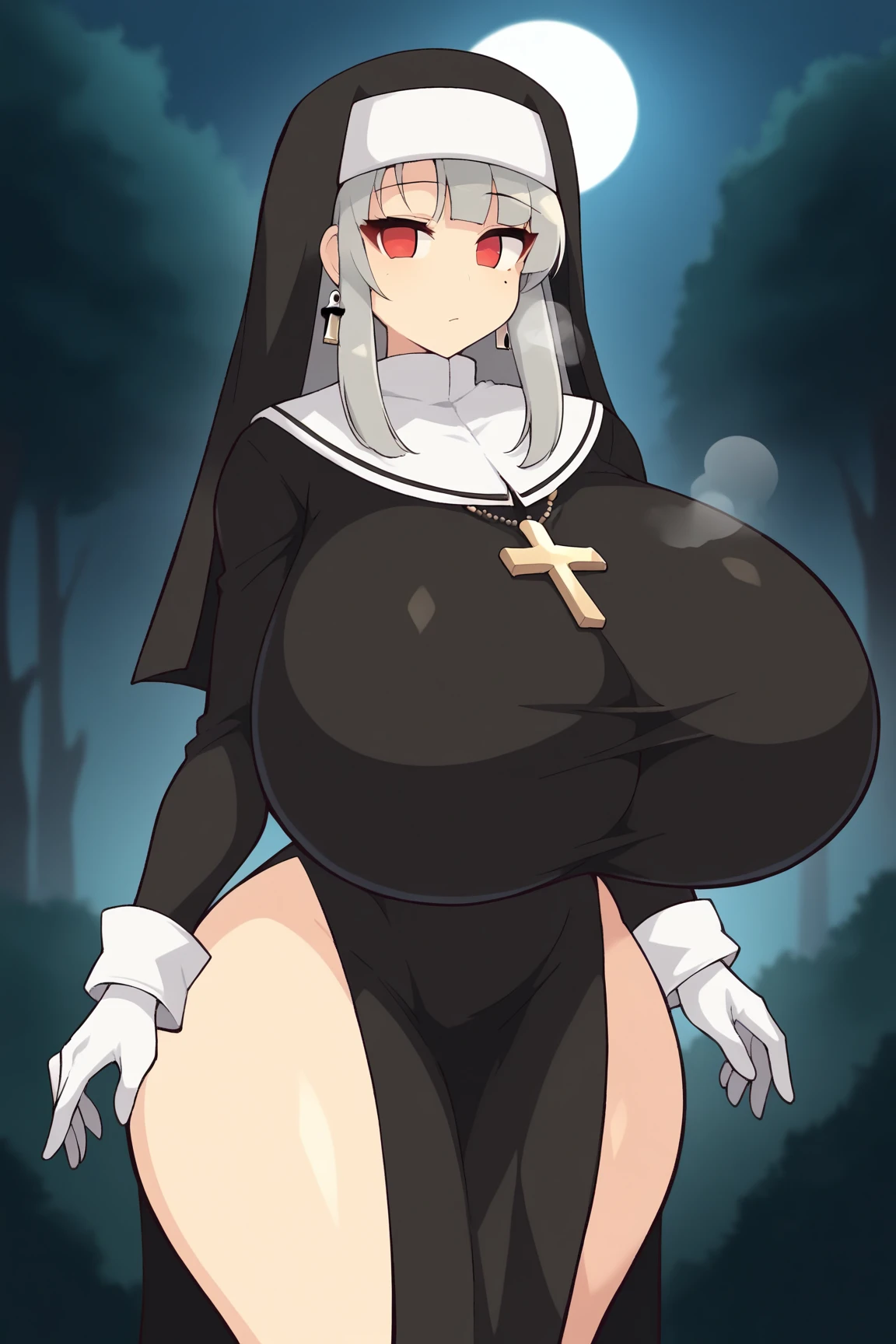 score_9, score_8_up, score_7_up, score_6_up, score_5_up, score_4_up, solo, abyssal necromancer lady, white hair, long fluffy side locks, hair tubes, big thick full lips, ((pouted lips)), ((mature woman)), milf, ((NSFW)), sexy, stoic face, gold bracelets and necklaces, ((body jewelry)), topless, (((hooded cloak))), tattered black cloak, (((pelvic black curtain))),  ((blindfold)), sandals, (((gigantic breasts))), ((sagging breasts)), big nipples, wide hips, thick thighs, intricate details, detailed background, sharp focus, mist fog, gravestones, moon, spirits, ((spiritual aura)), dynamic, expressive, bleak world, both hands raised, looking at viewer, looking up at you, from above pov,