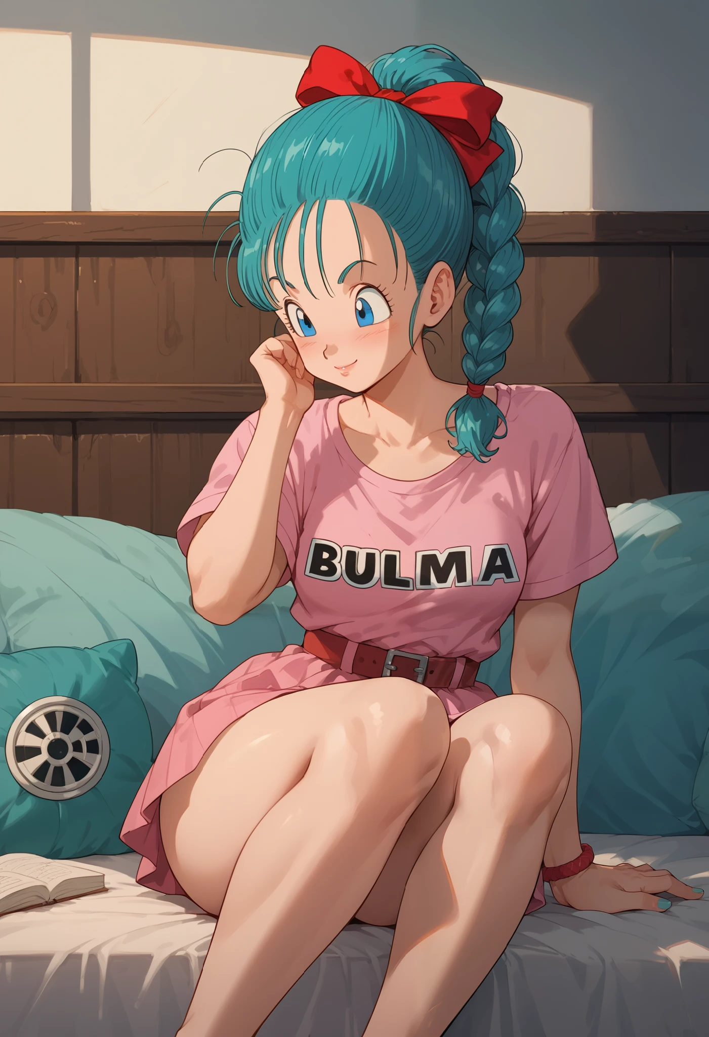 Bulma anime girl sitting on a bed with her legs crossed, sitting on her bed, sitting on the bed, sitting on a bed, anime moe art style , the anime girl is crouching , sitting in your room, beautiful anime girl squatting , seductive anime girl , sitting on the edge of the bed, posing in bed , Sitting in bedroom , , in my bed, show legs