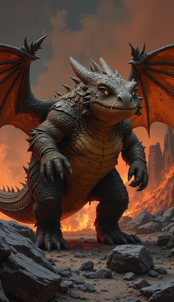 Gigantosaurus,Huge dragon,Rough face,Horns on the head,Huge wings,Behemoth,Black body,eyes green eyes,Mouth is breathing fire