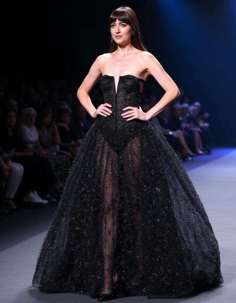 Techno Chandelier Fashion: Luxurious outfits that incorporate the aesthetics of chandeliers。Shiny crystal and glass parts、Decoration that sways with your movements。Featuring a brilliant design。The background is the gorgeous runway of Paris Fashion Week。 
