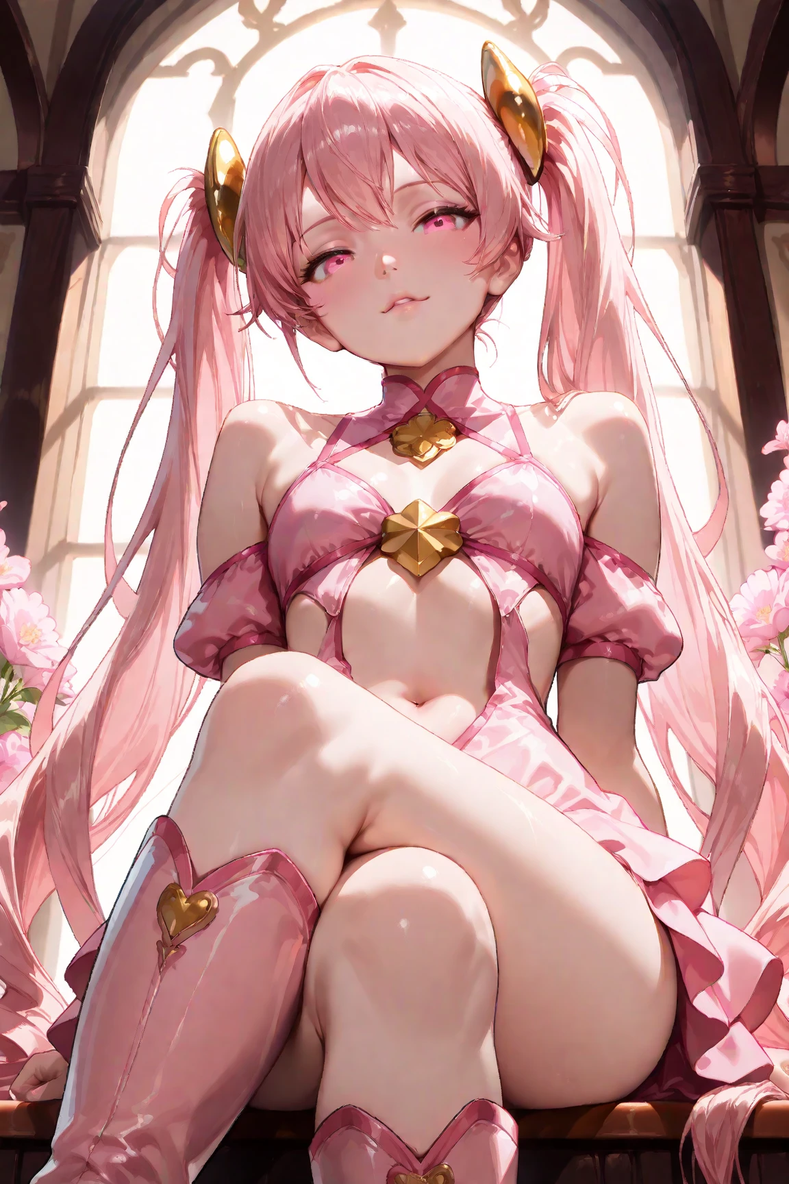 Highest quality,High resolution, Very detailed,Game CG,Dutch Angle,Beautiful attention to detail,Beautiful girl,(color:1.2)、Beautiful lighting、Light from the front、solo、Smiley、escalator、A pink-haired、length hair、hair_Decorations have been removed、blue eyes、Pink Dress、White long gloves、thigh_Knee-high boots、Browsing Caution,Camel Toe,Spread your legs, Lift your legs,Embarrassing
