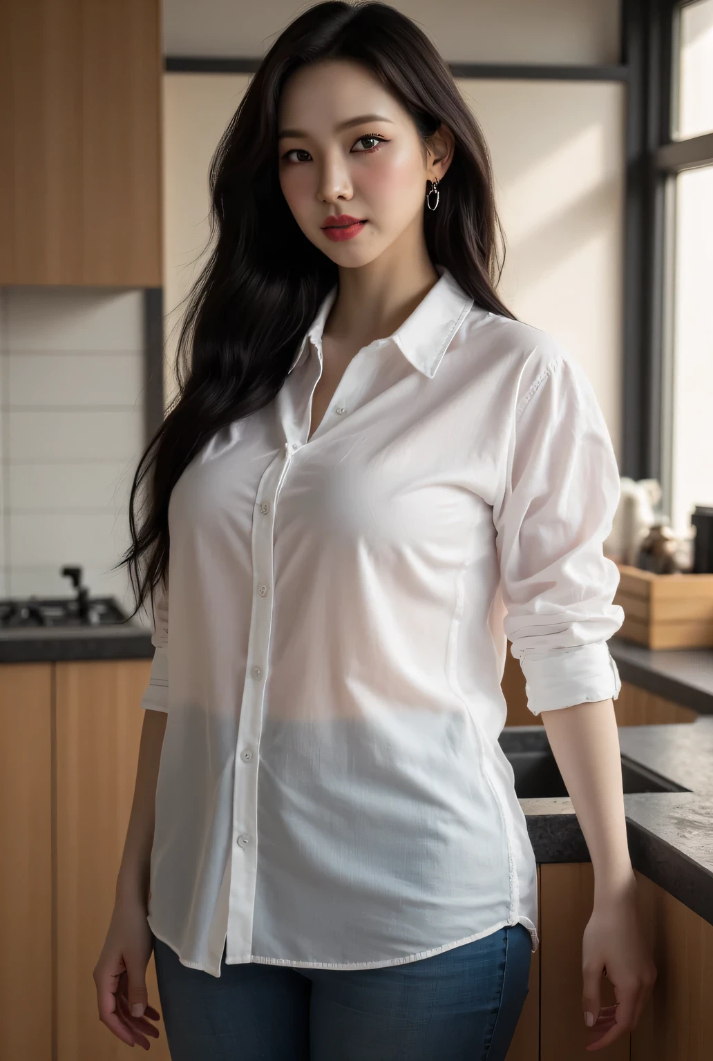 a beautiful woman, standing in the kitchen, facing the camera, full body view, seductive face, Big Boobs, red lips, using a white oversize formal shirt, black hair